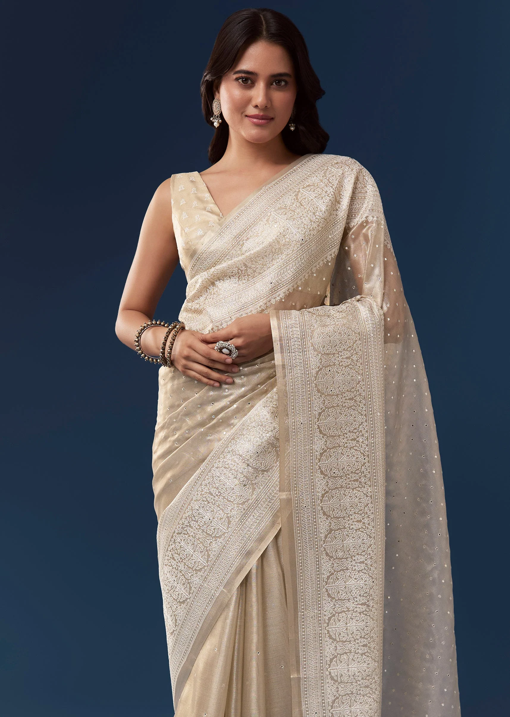 Beige Tissue Saree With Resham Thread Border And Mirror Work - Image 5