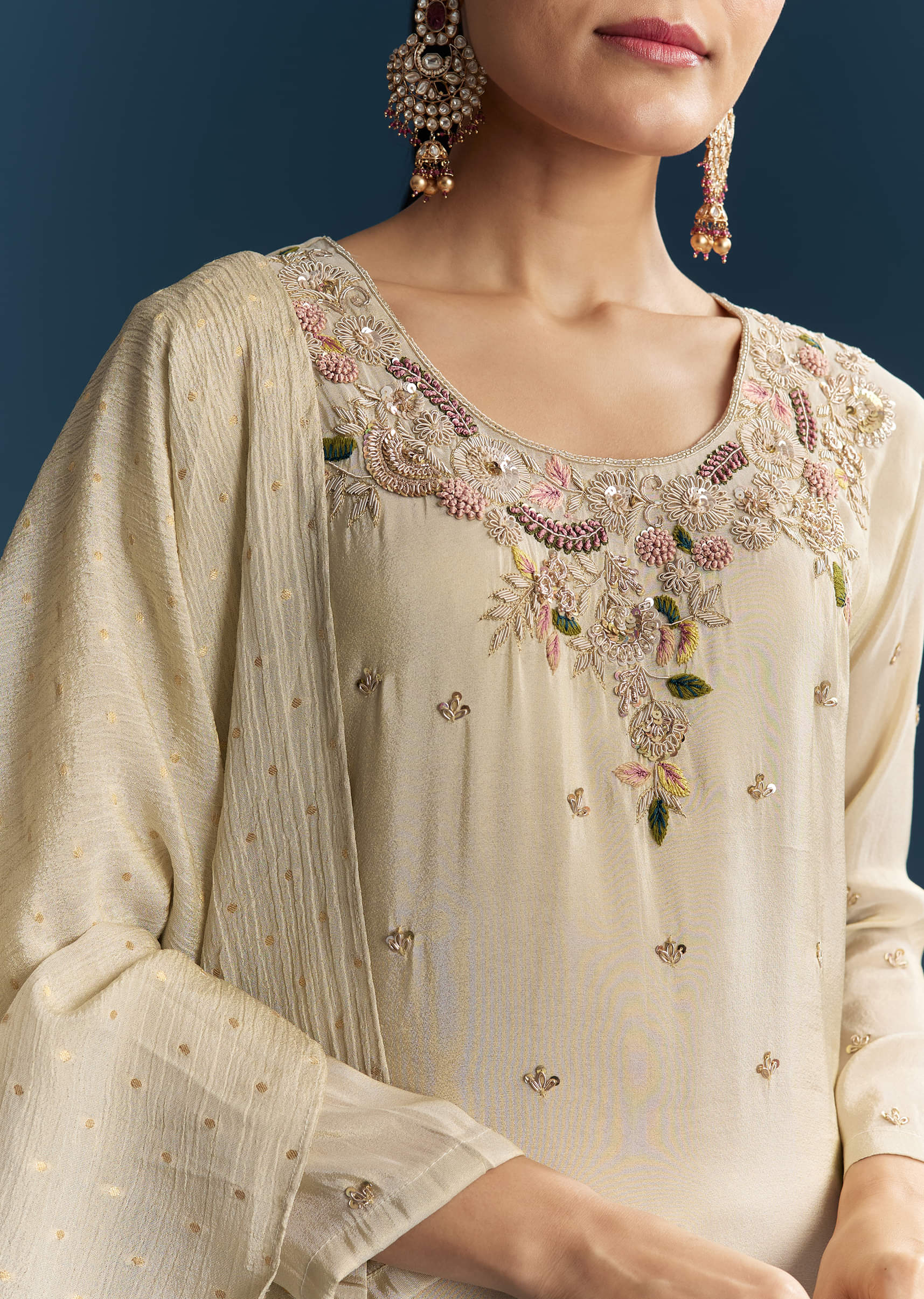 Beige Tissue Sharara Suit With Zardosi And Resham Embroidery - Image 2