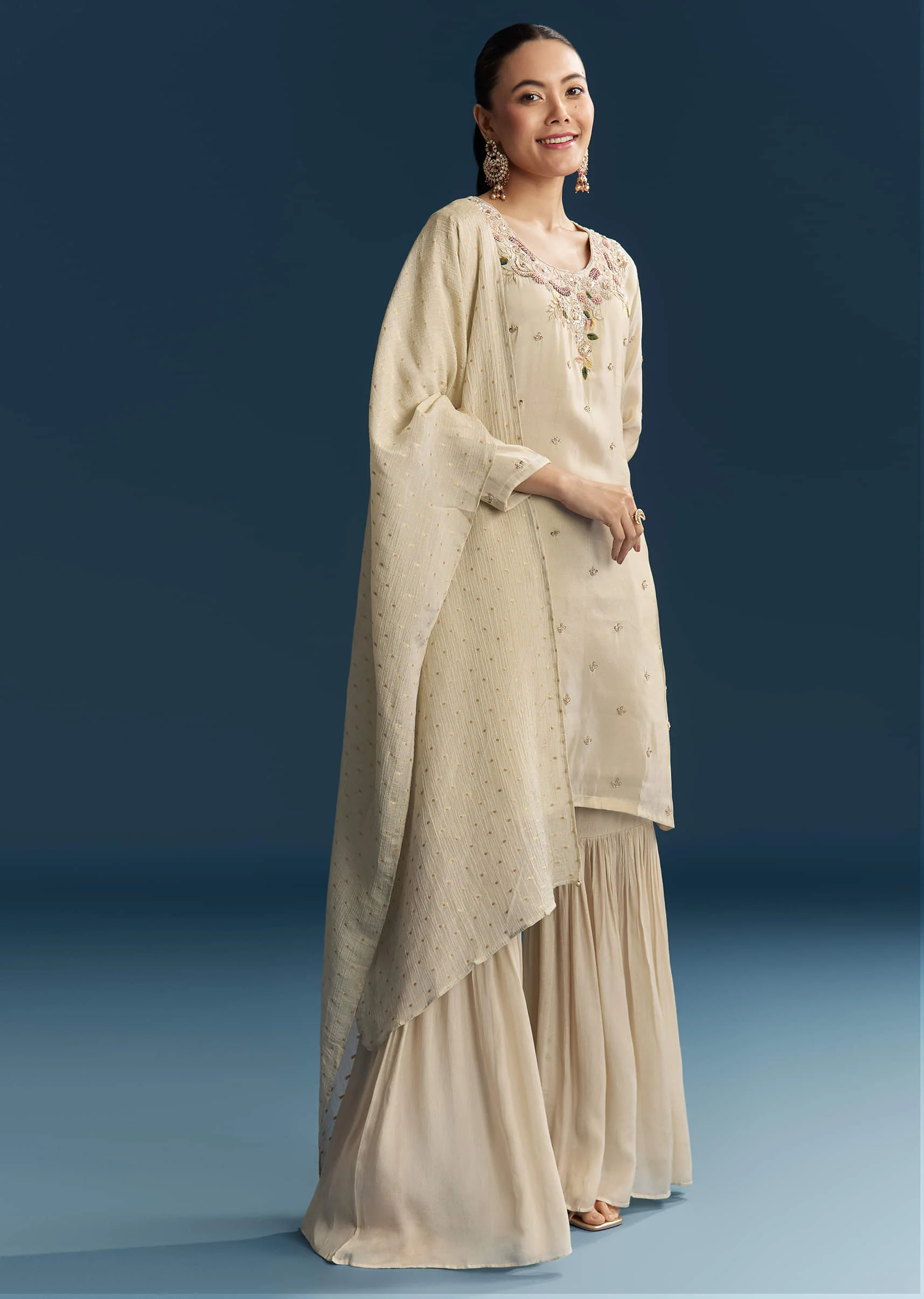Beige Tissue Sharara Suit With Zardosi And Resham Embroidery - Image 3