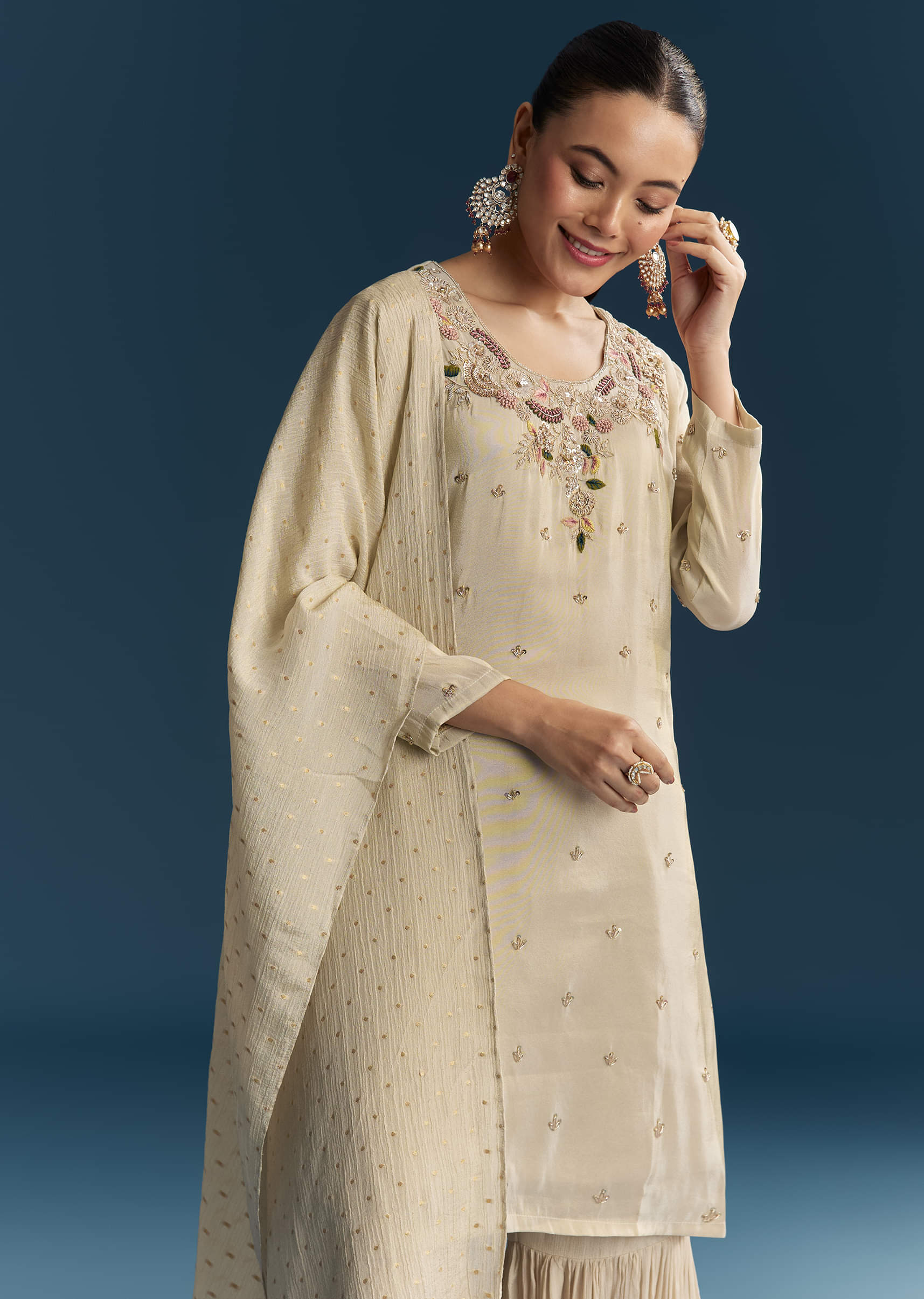 Beige Tissue Sharara Suit With Zardosi And Resham Embroidery - Image 4