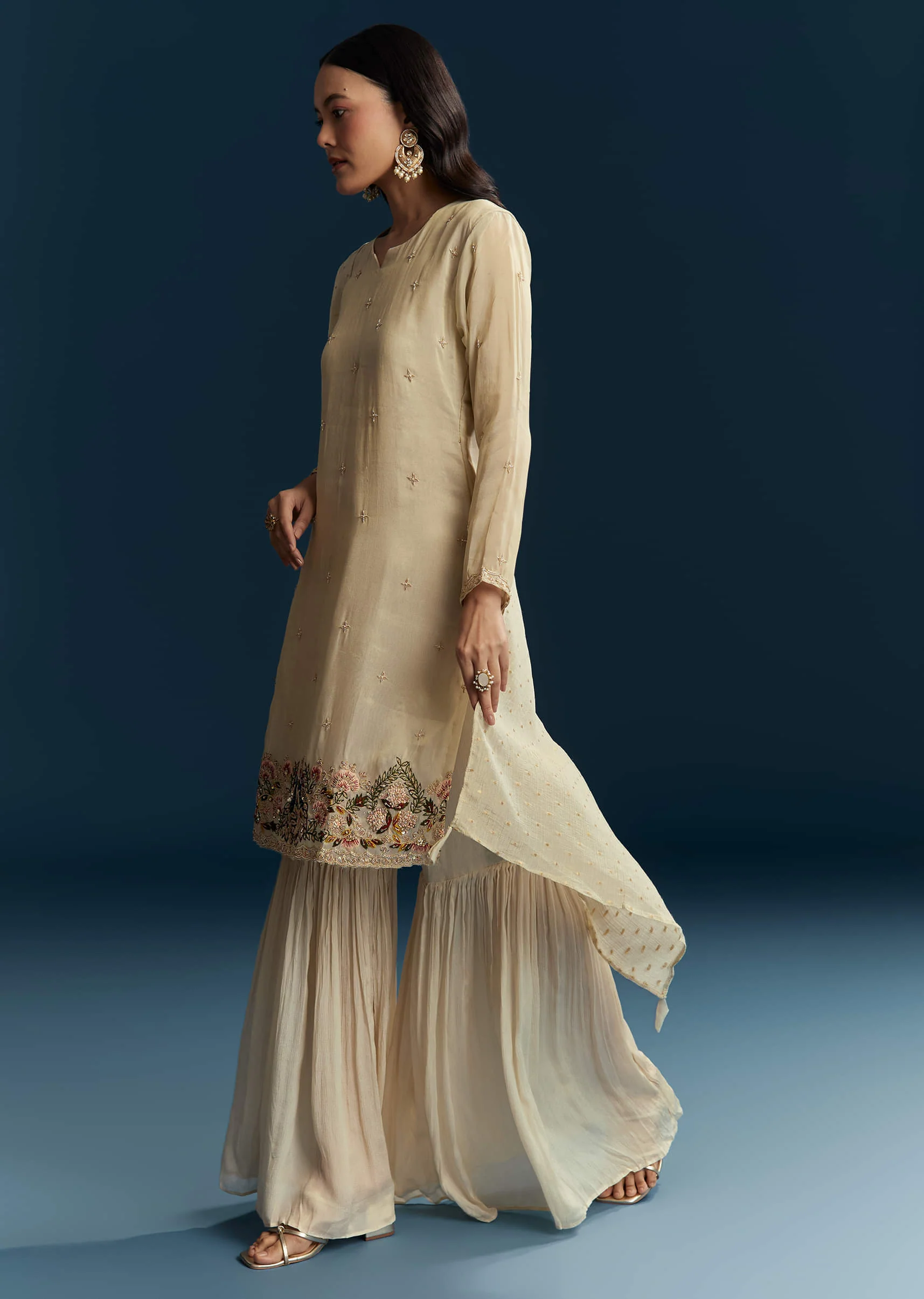 Beige Tissue Sharara Suit With Zardosi And Thread Work - Image 3