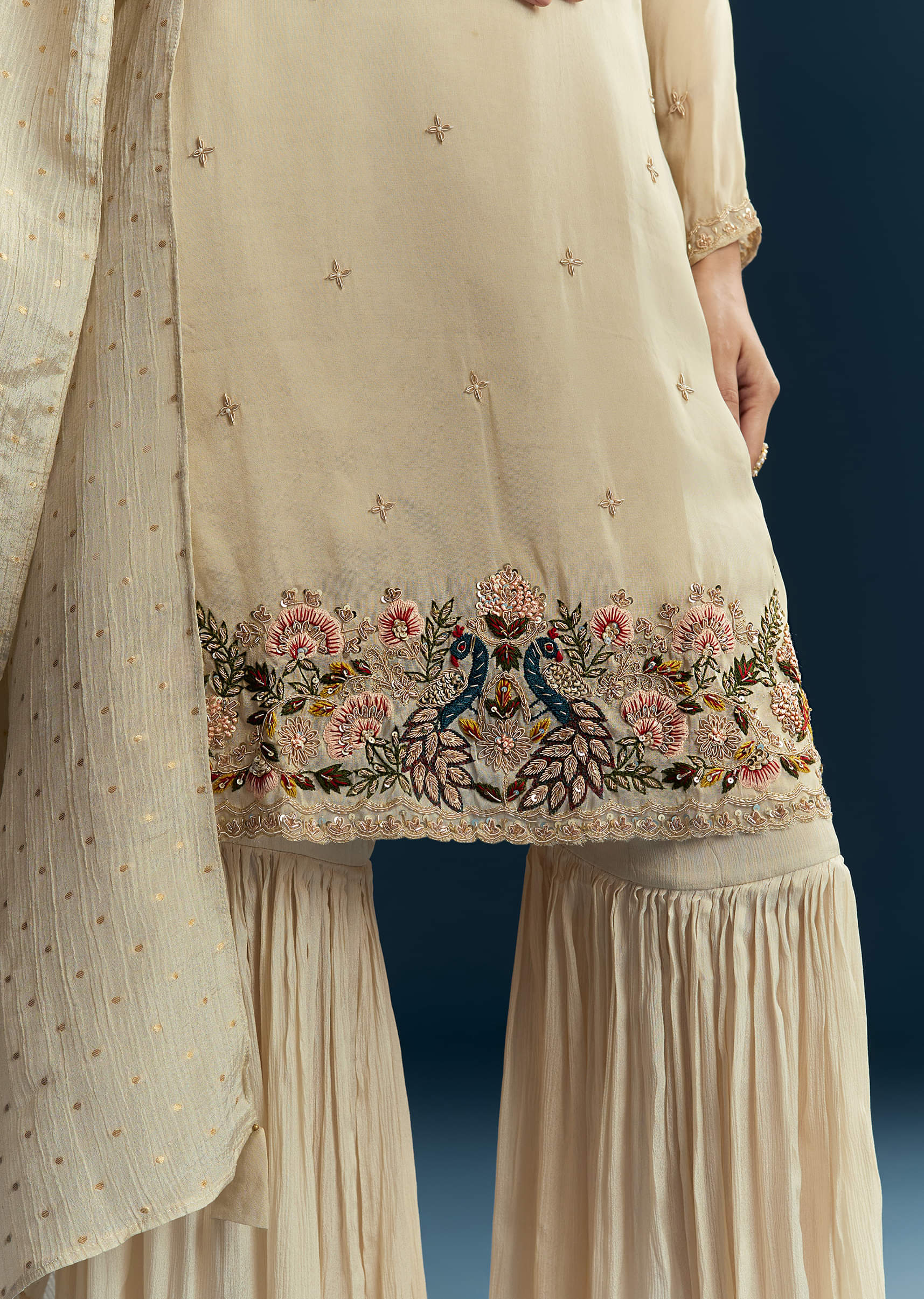 Beige Tissue Sharara Suit With Zardosi And Thread Work - Image 4
