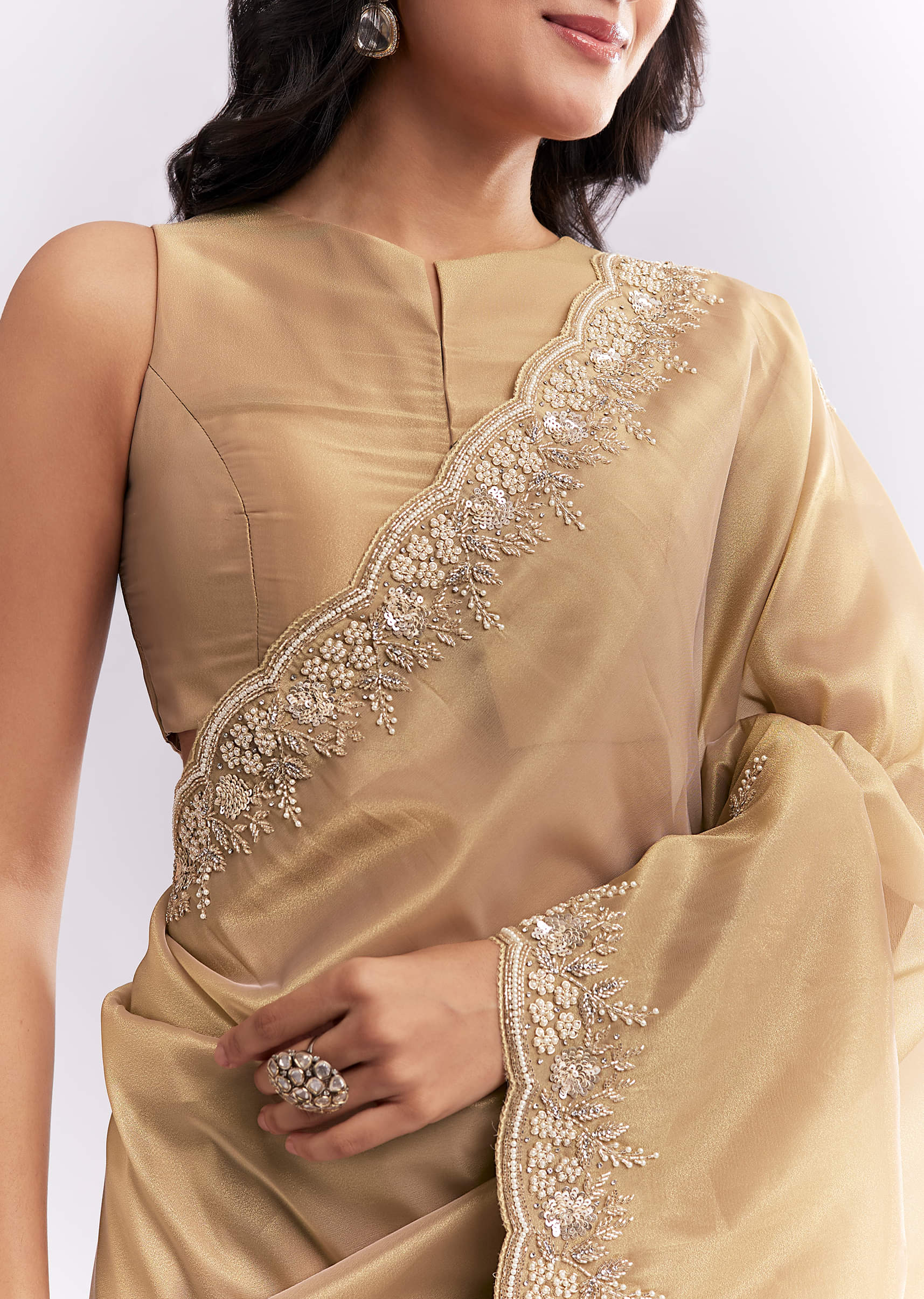 Beige Tissue Silk Saree With Heavy Hand Embroidery - Image 2