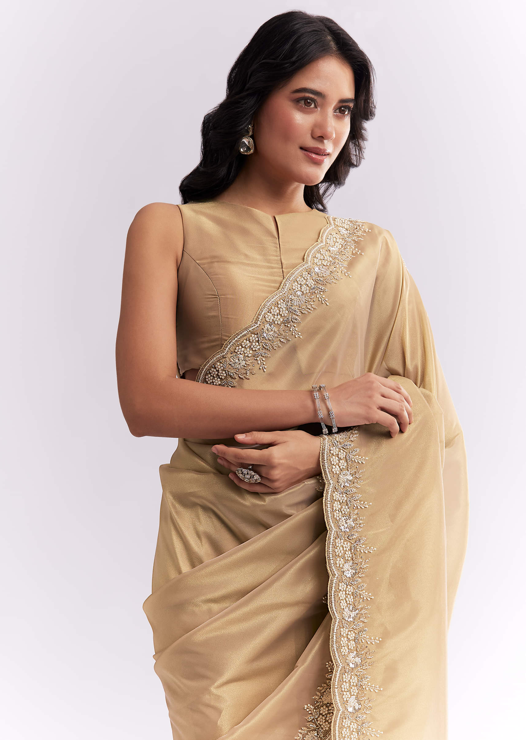 Beige Tissue Silk Saree With Heavy Hand Embroidery - Image 5