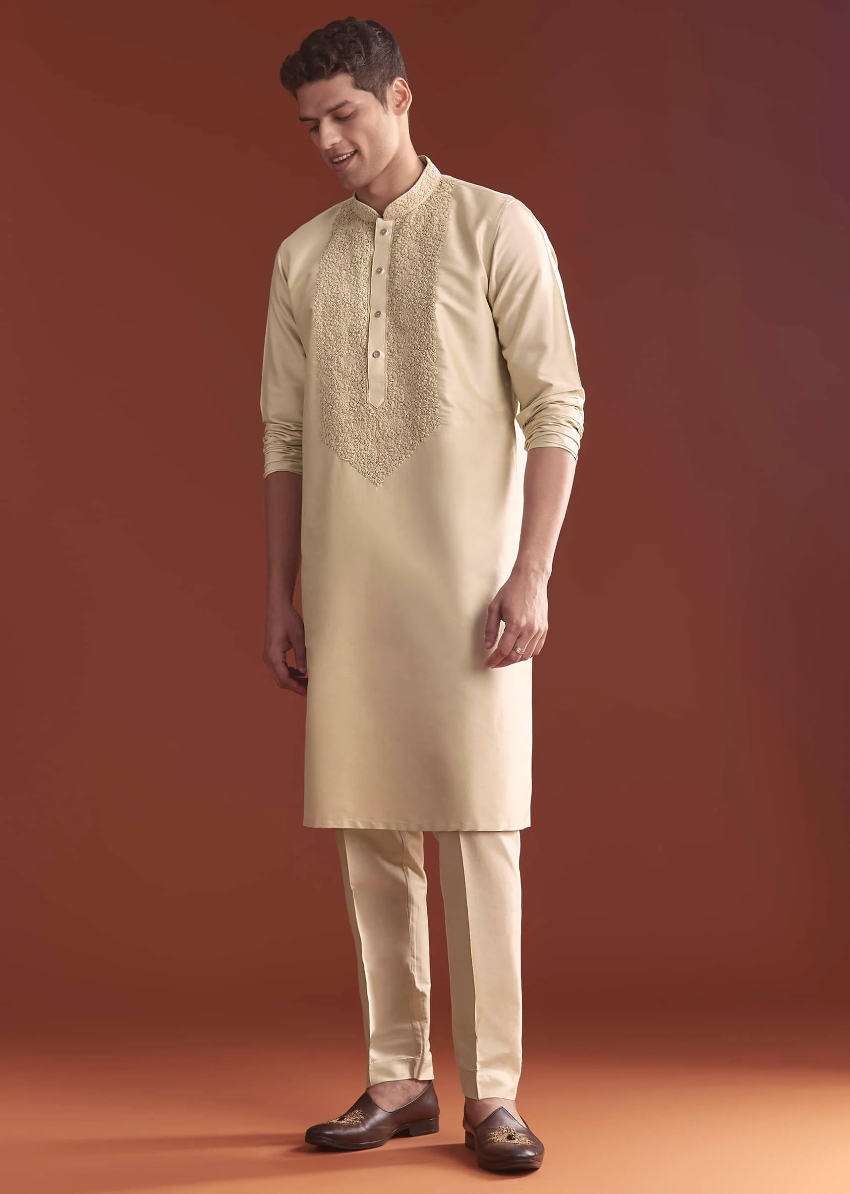 Beige Tussar Kurta Set For Men With Embroidery - Image 2