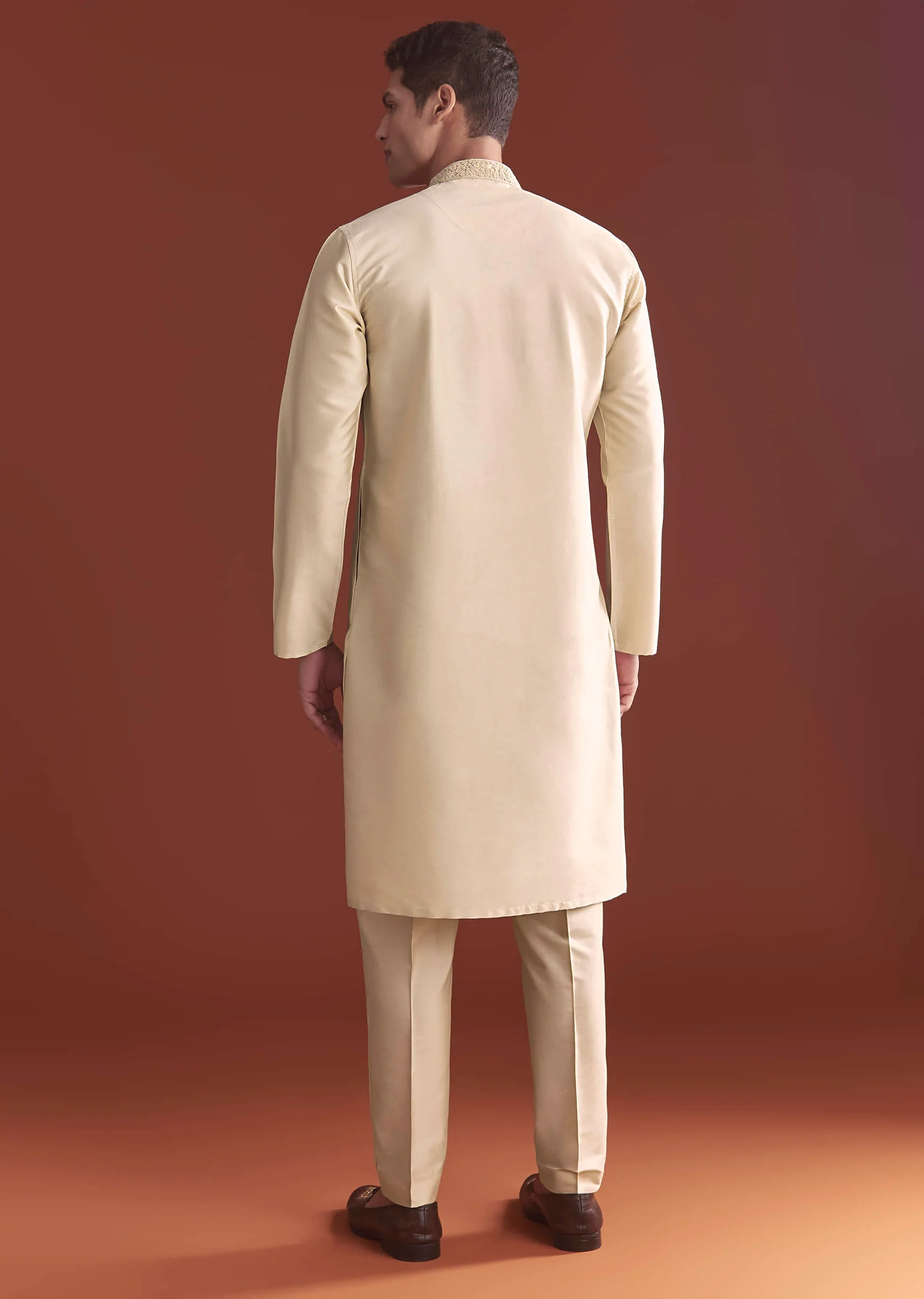 Beige Tussar Kurta Set For Men With Embroidery - Image 5