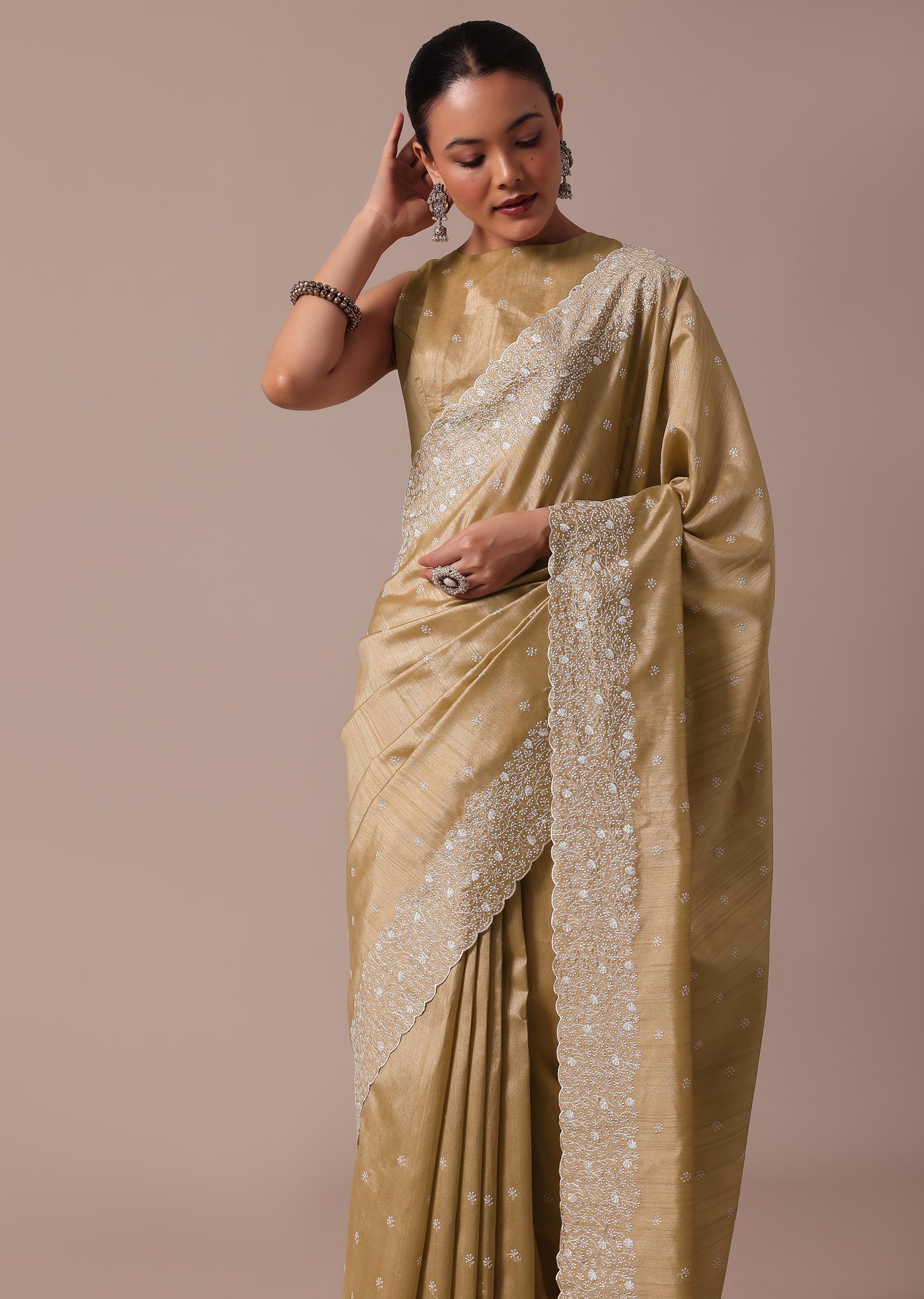 Beige Tussar Saree With Unstitched Blouse - Image 4
