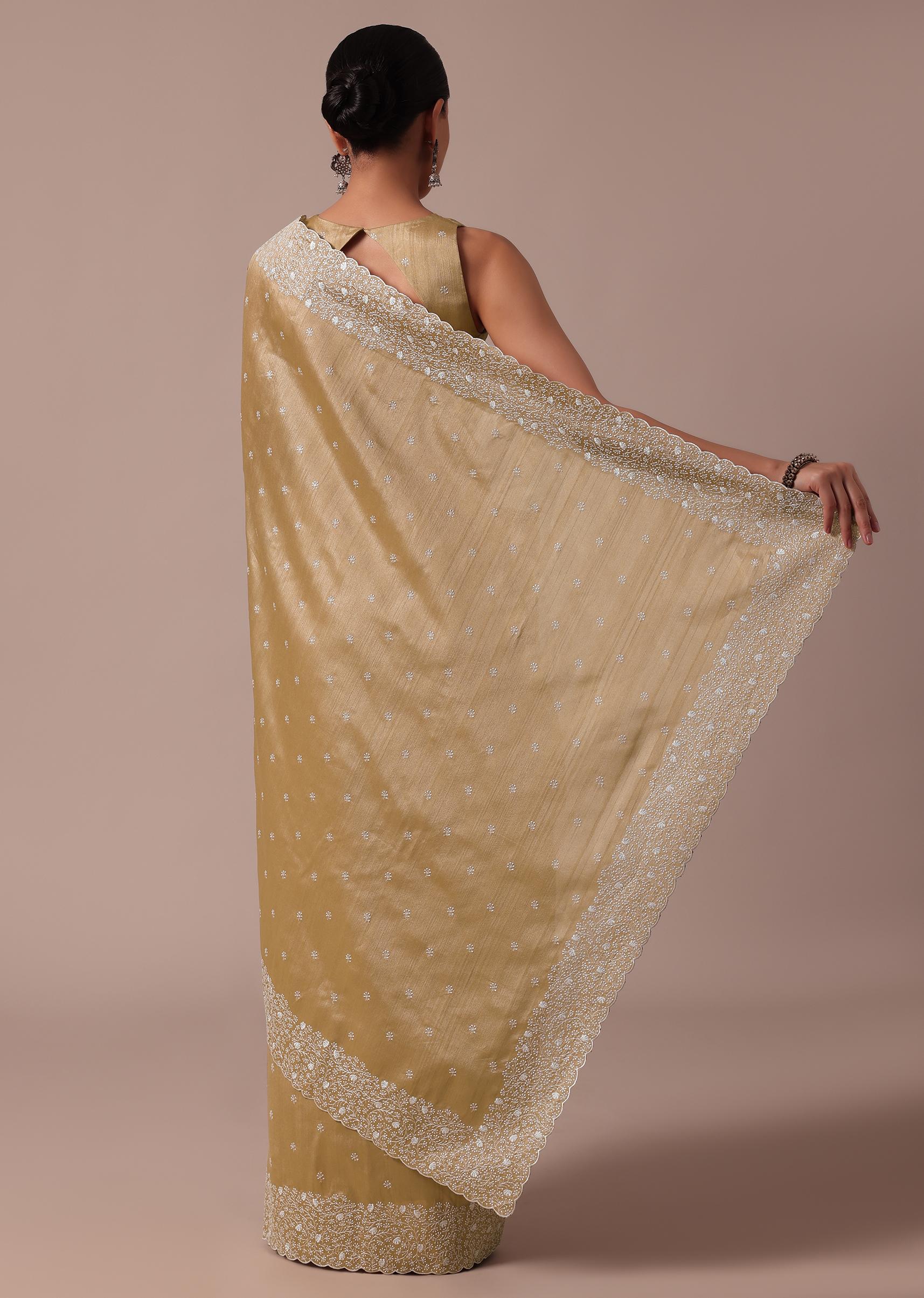 Beige Tussar Saree With Unstitched Blouse - Image 6