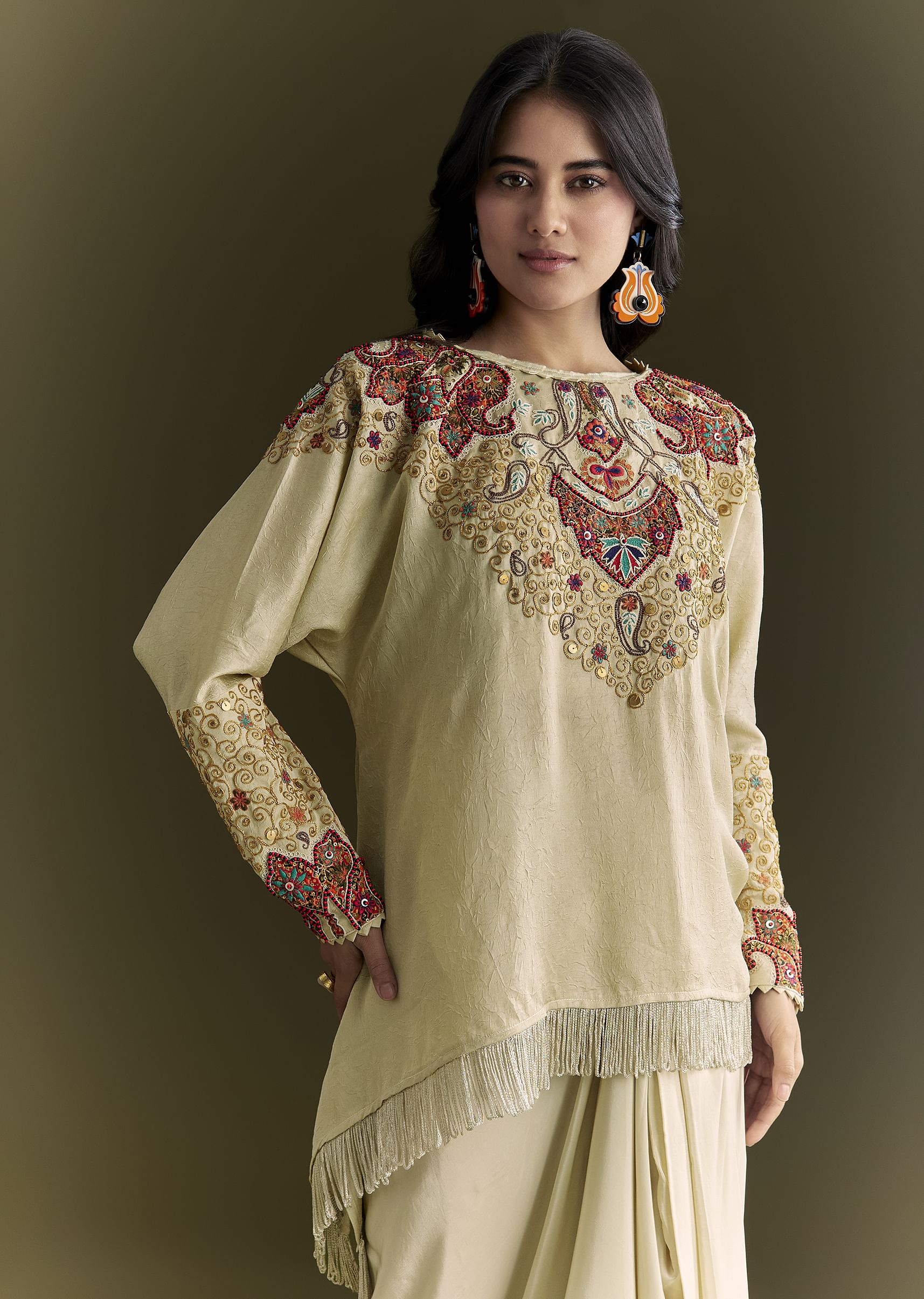 Beige Tussar Silk Kurta Skirt With Beads And Threadwork - Image 4