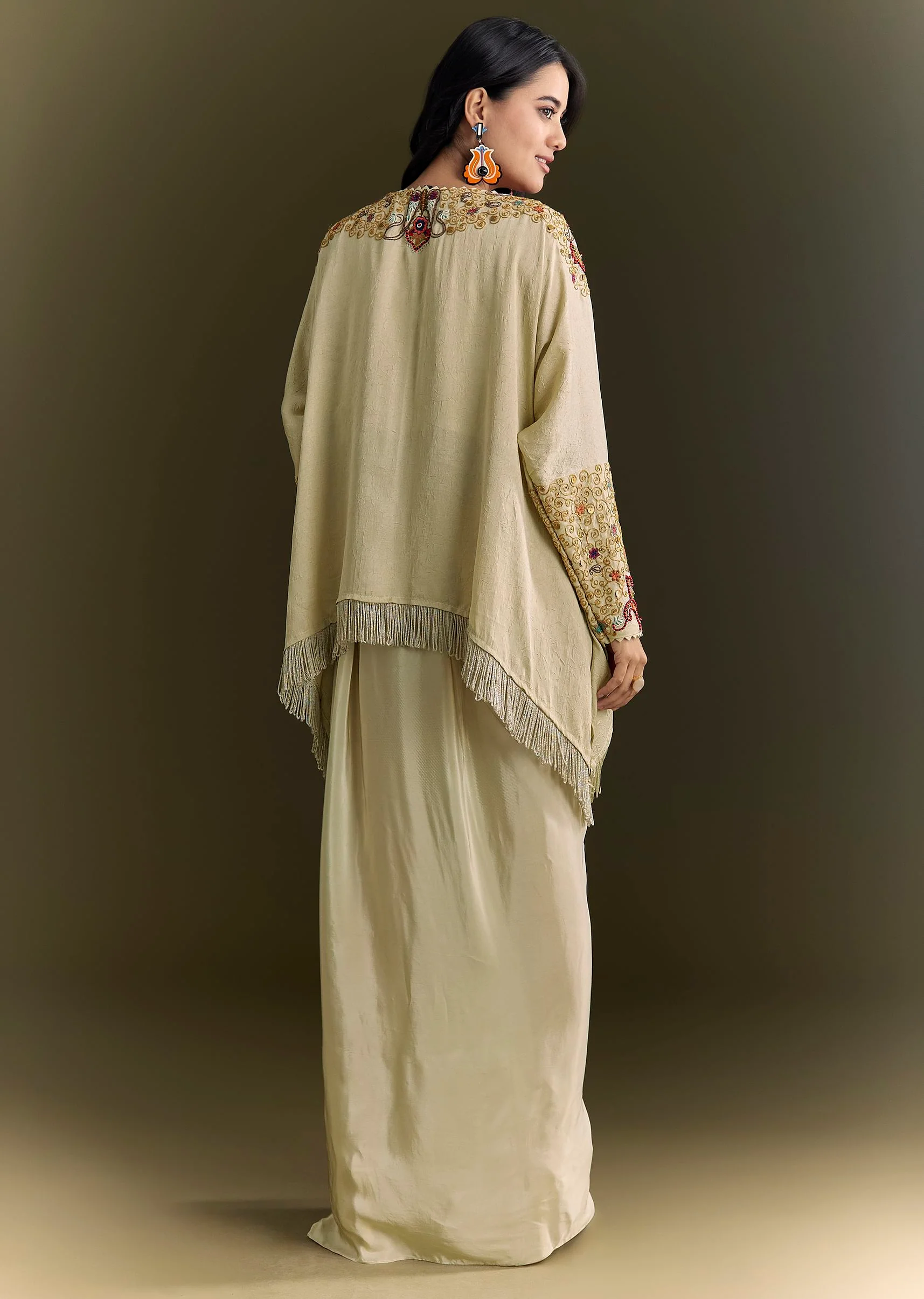 Beige Tussar Silk Kurta Skirt With Beads And Threadwork - Image 5