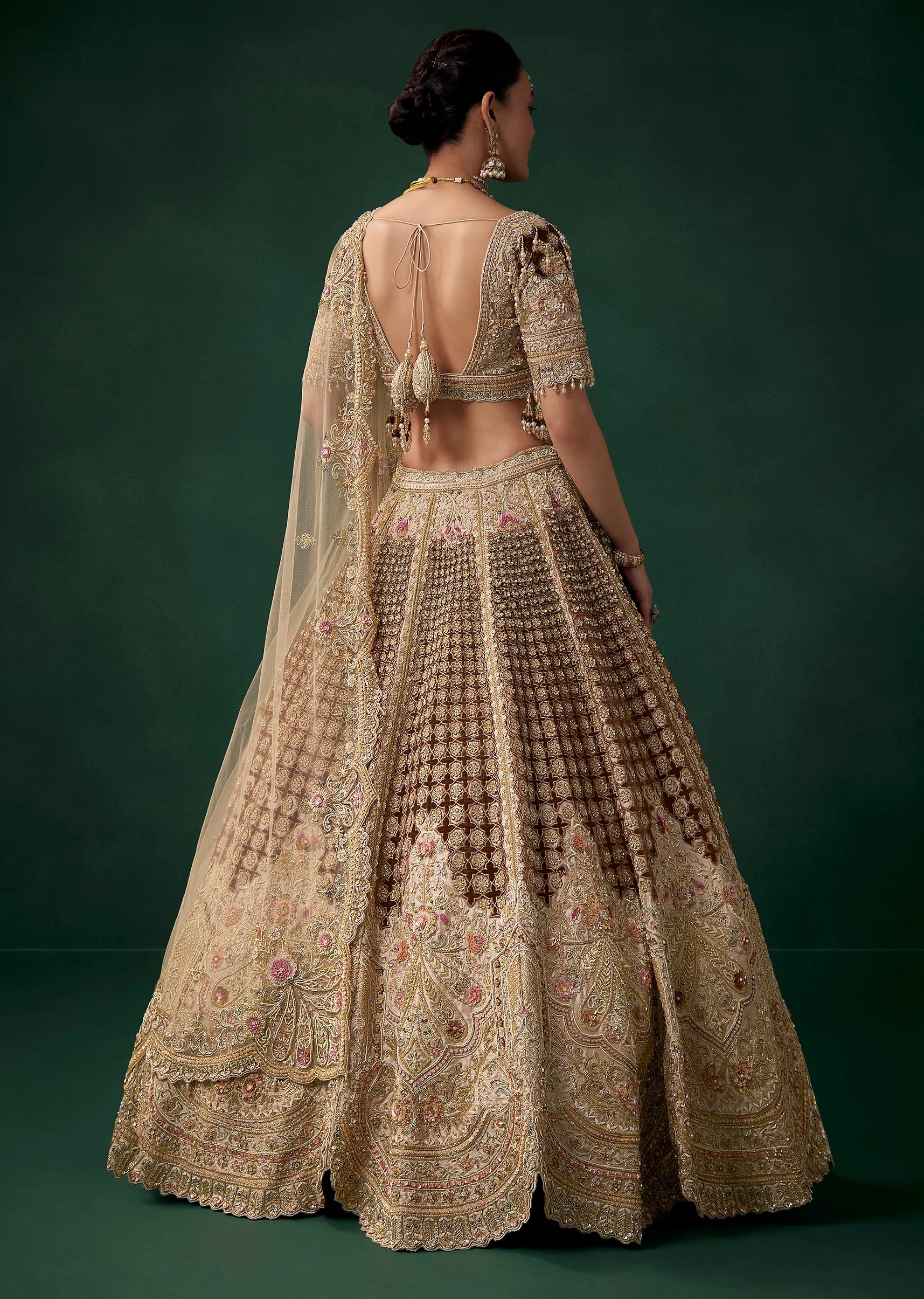 Beige Velvet Patchwork Embroidered Bridal Lehenga Set - Image 2