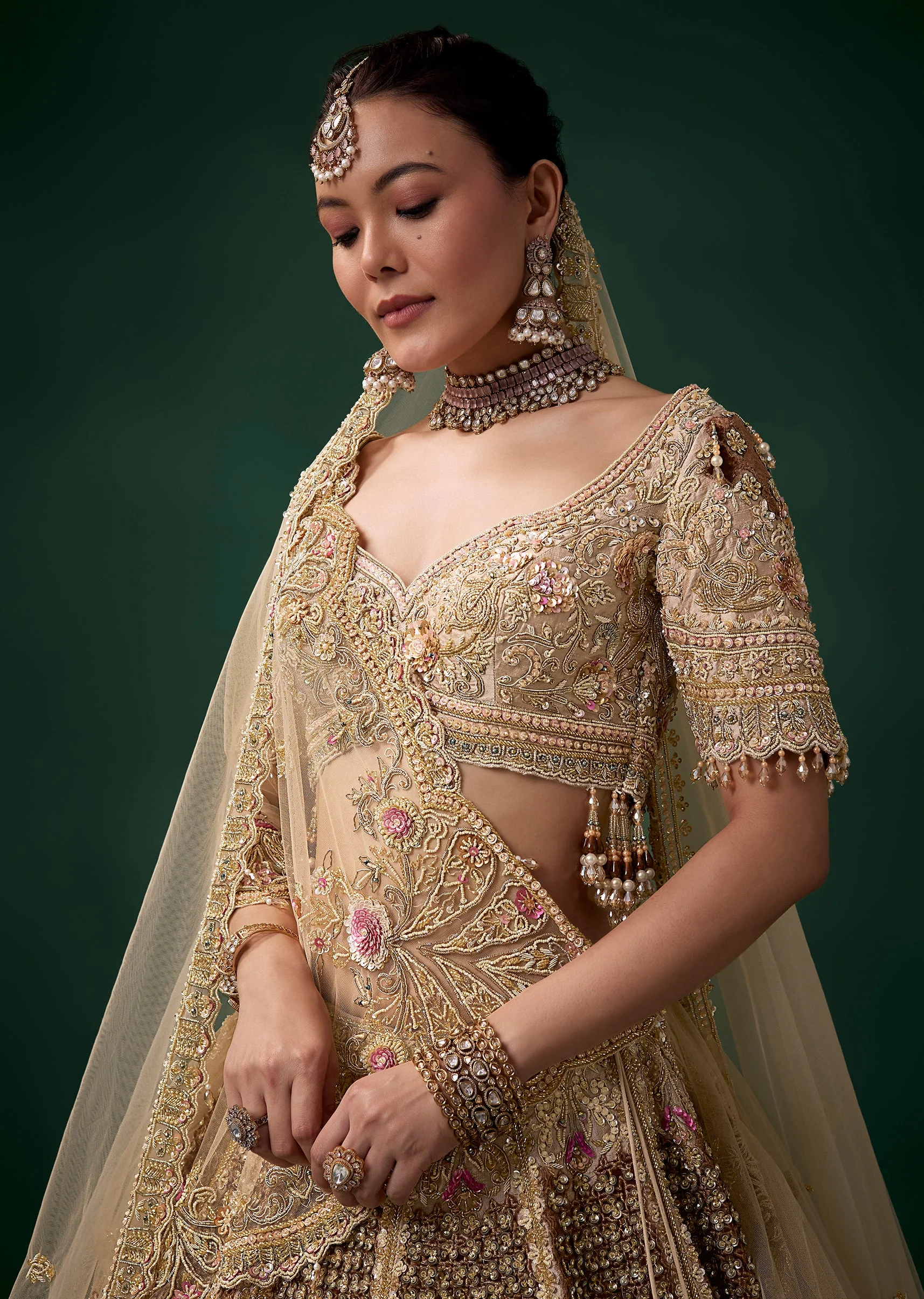 Beige Velvet Patchwork Embroidered Bridal Lehenga Set - Image 3