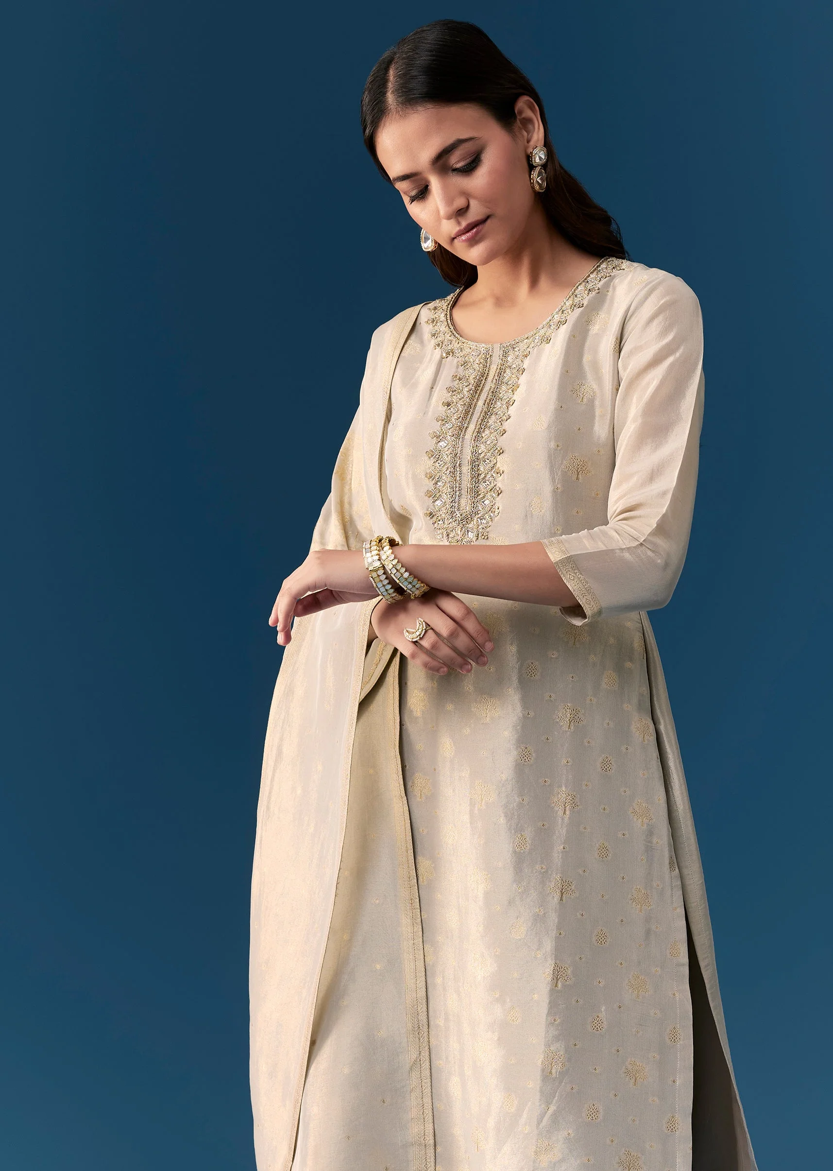 Beige Weave Kurta Set With Zardosi And Cut Dana Work - Image 4