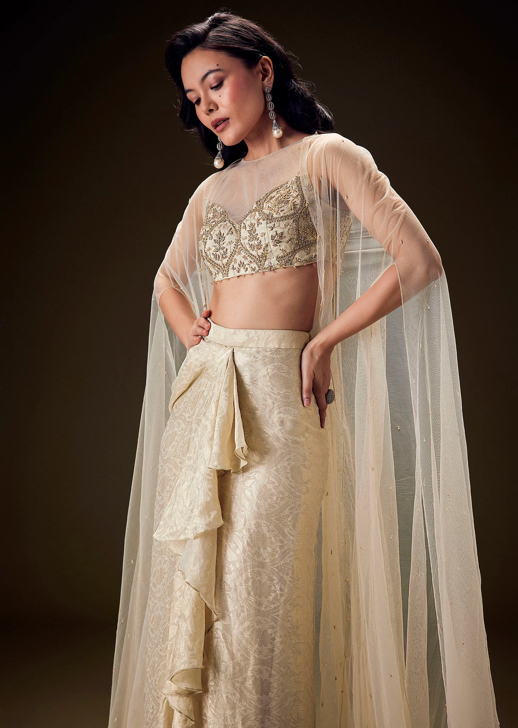 Beige Zardozi Embroidered Blouse With Brocade Drape Skirt And Net Cape - Image 2