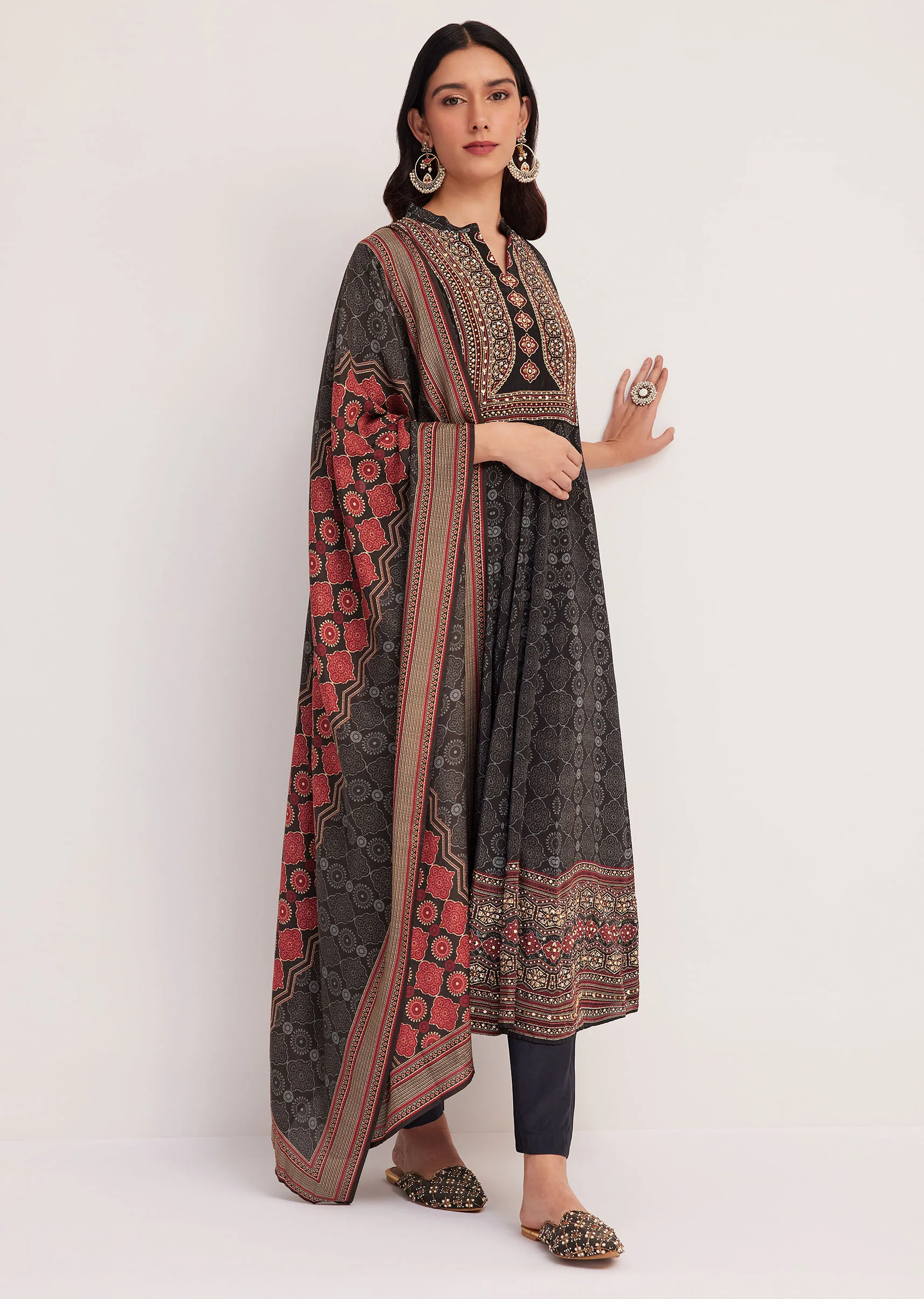 Black Ajrakh Printed Anarkali Set With Dupatta - Image 3