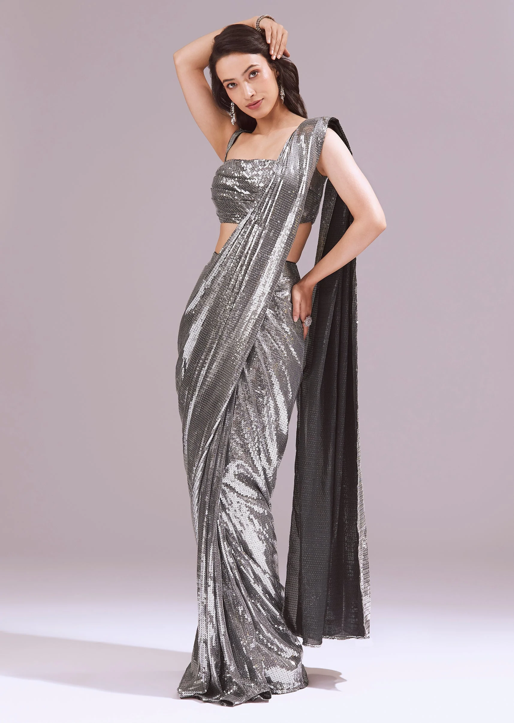 Black And Grey Ready Pleated Sequins Saree Set With Cowl Neck Blouse - Image 4