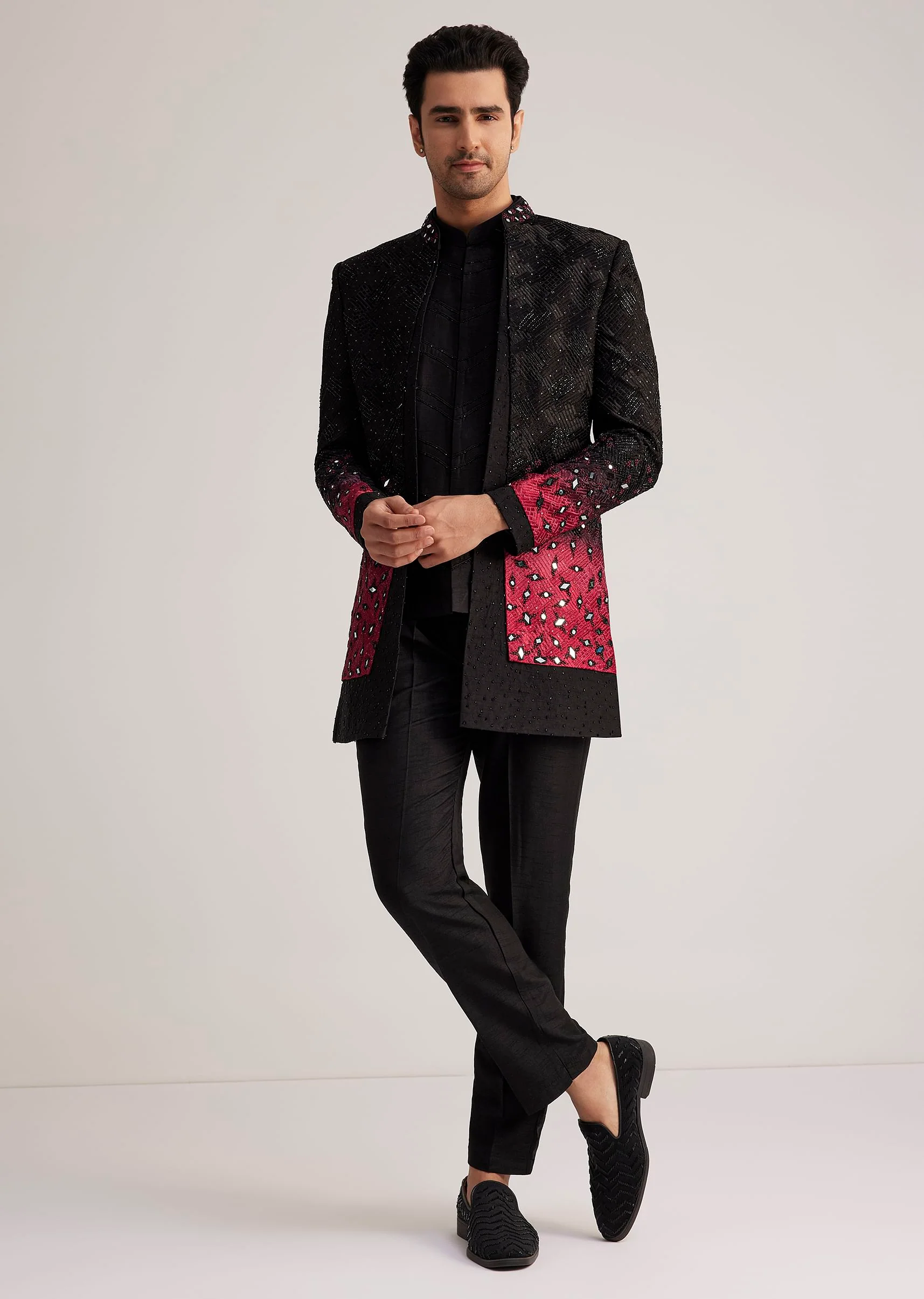 Black And Red Silk Jacket Set With Mirror And Thread Detailing - Image 2