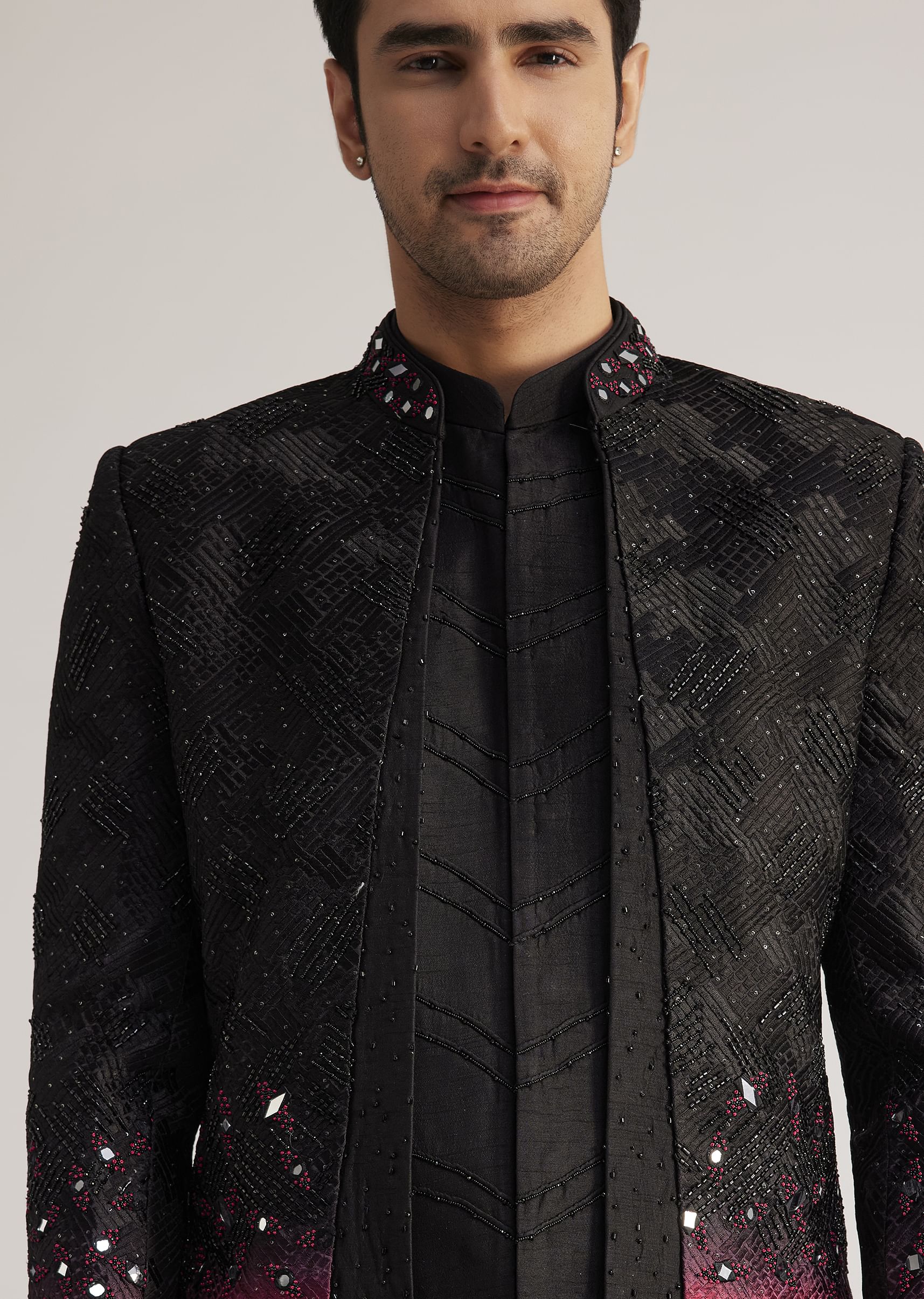 Black And Red Silk Jacket Set With Mirror And Thread Detailing - Image 3