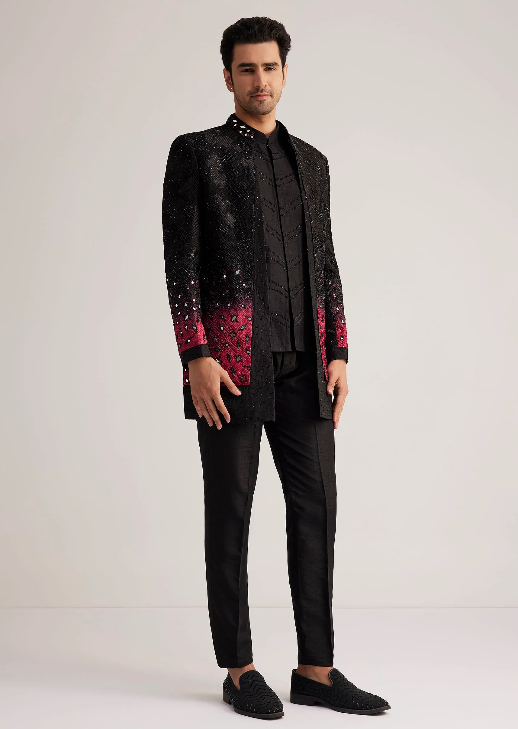 Black And Red Silk Jacket Set With Mirror And Thread Detailing - Image 4