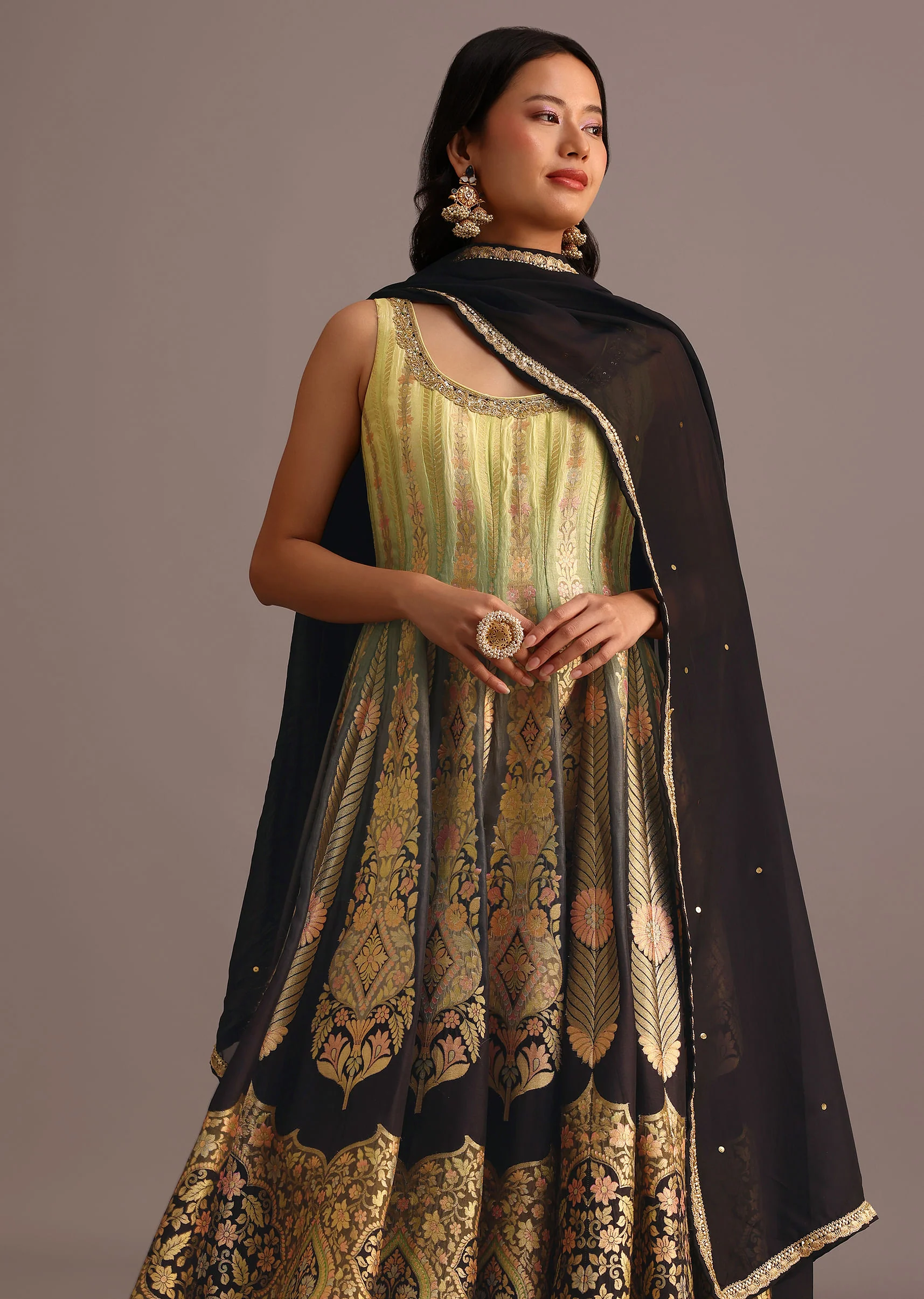 Black And Yellow Embroidered Kurti Palazzo Set With Organza Dupatta - Image 4