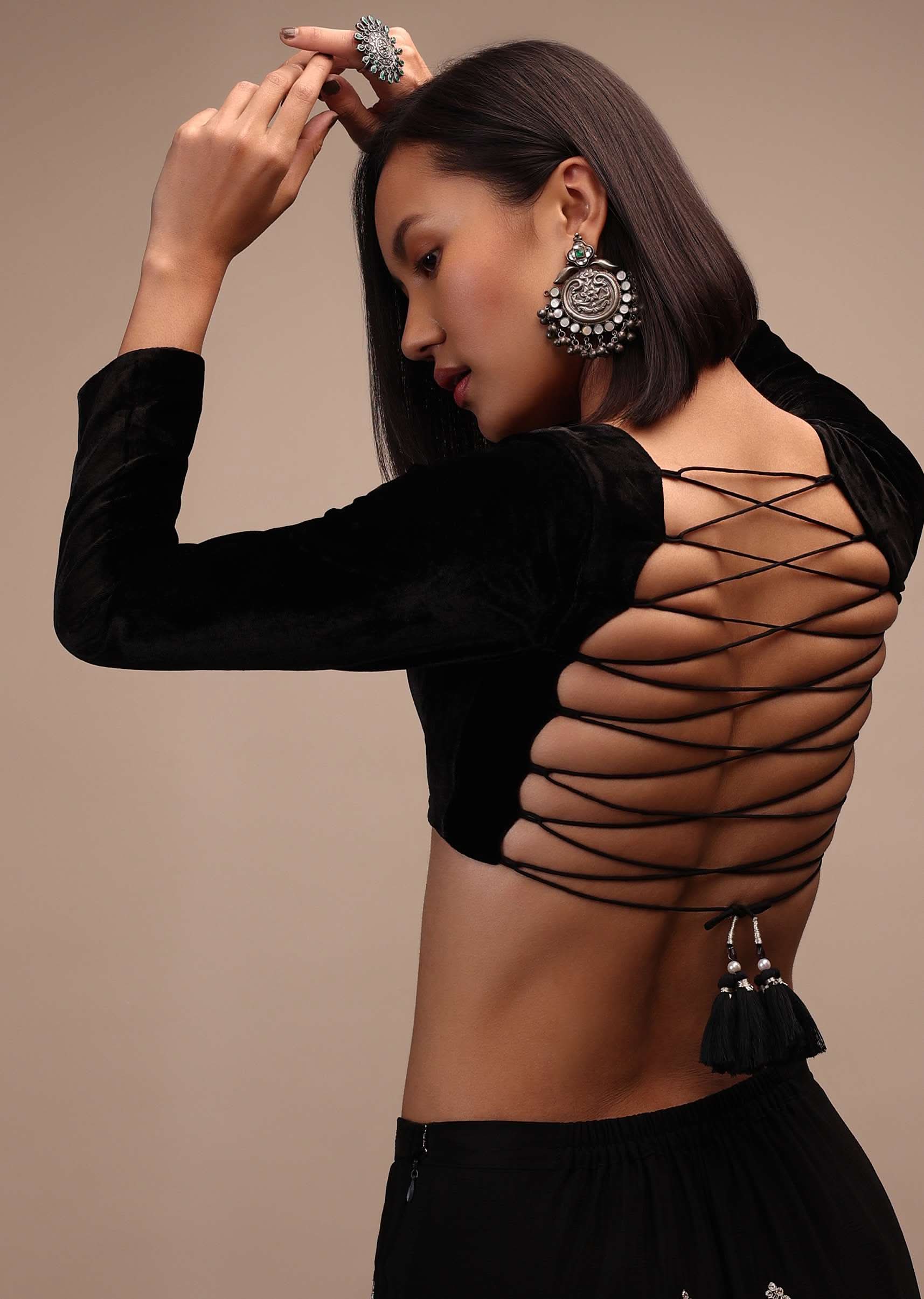 Black Backless Blouse In Velvet With Criss-Cross Tie-Up - Image 2