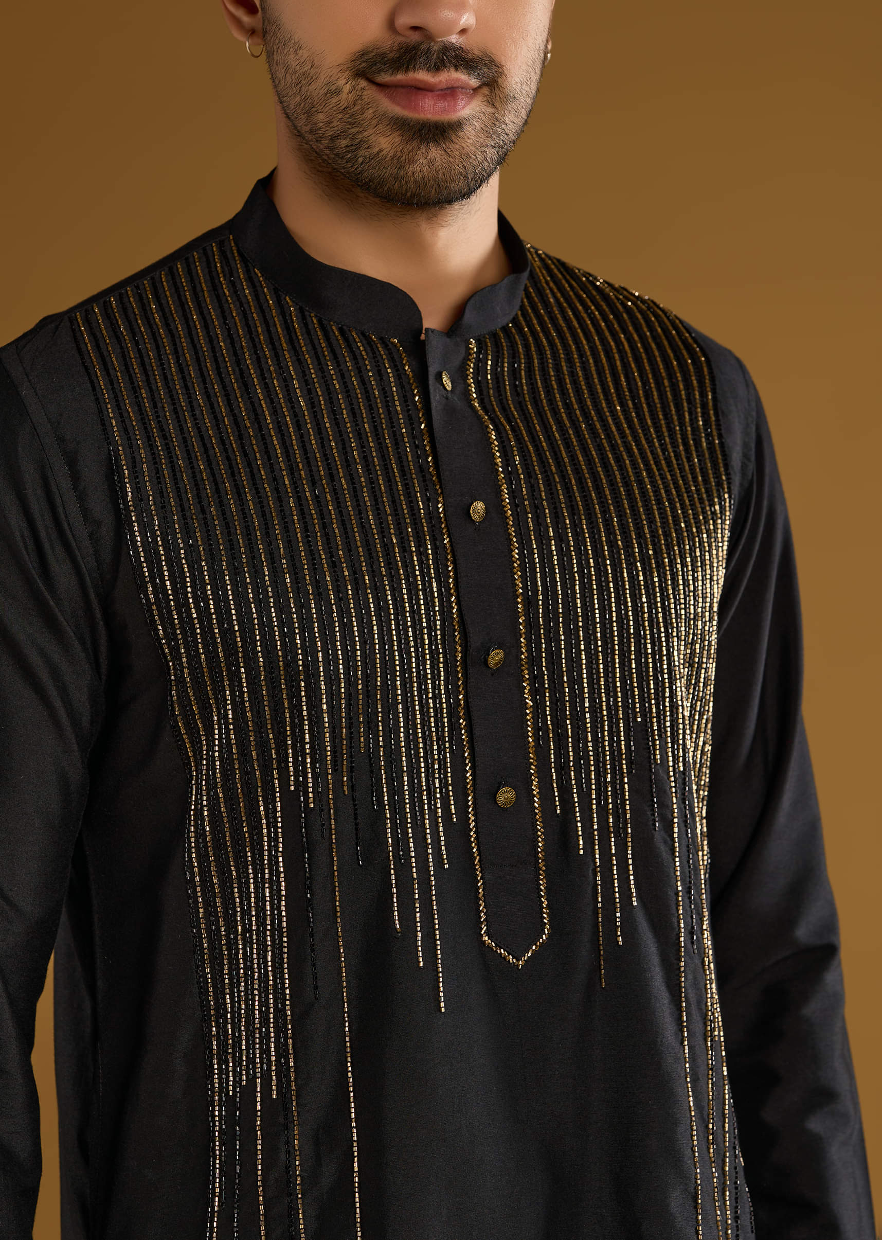 Black Banarasi Silk Kurta Set For Men With Cutdana Work