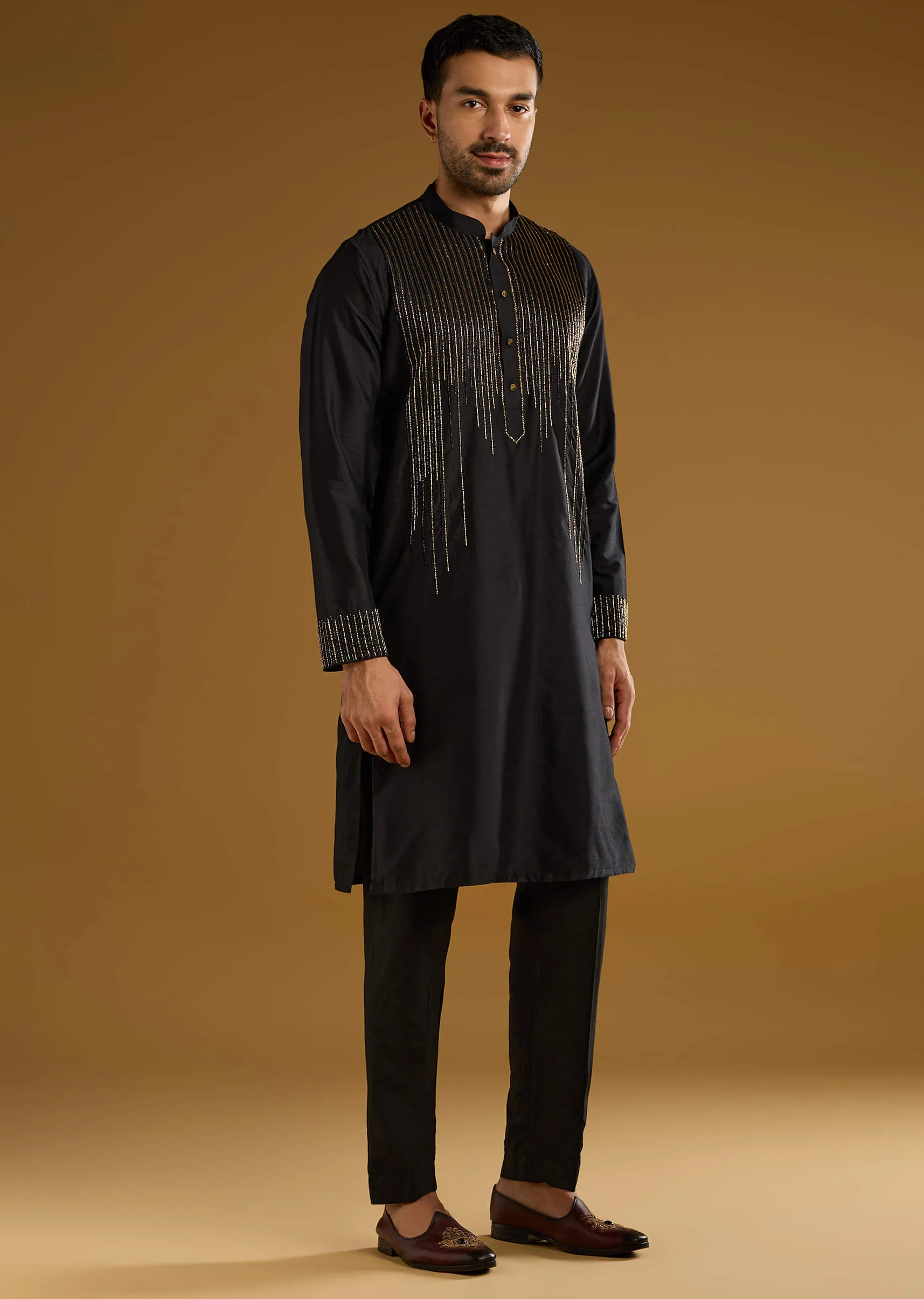 Black Banarasi Silk Kurta Set For Men With Cutdana Work - Image 2