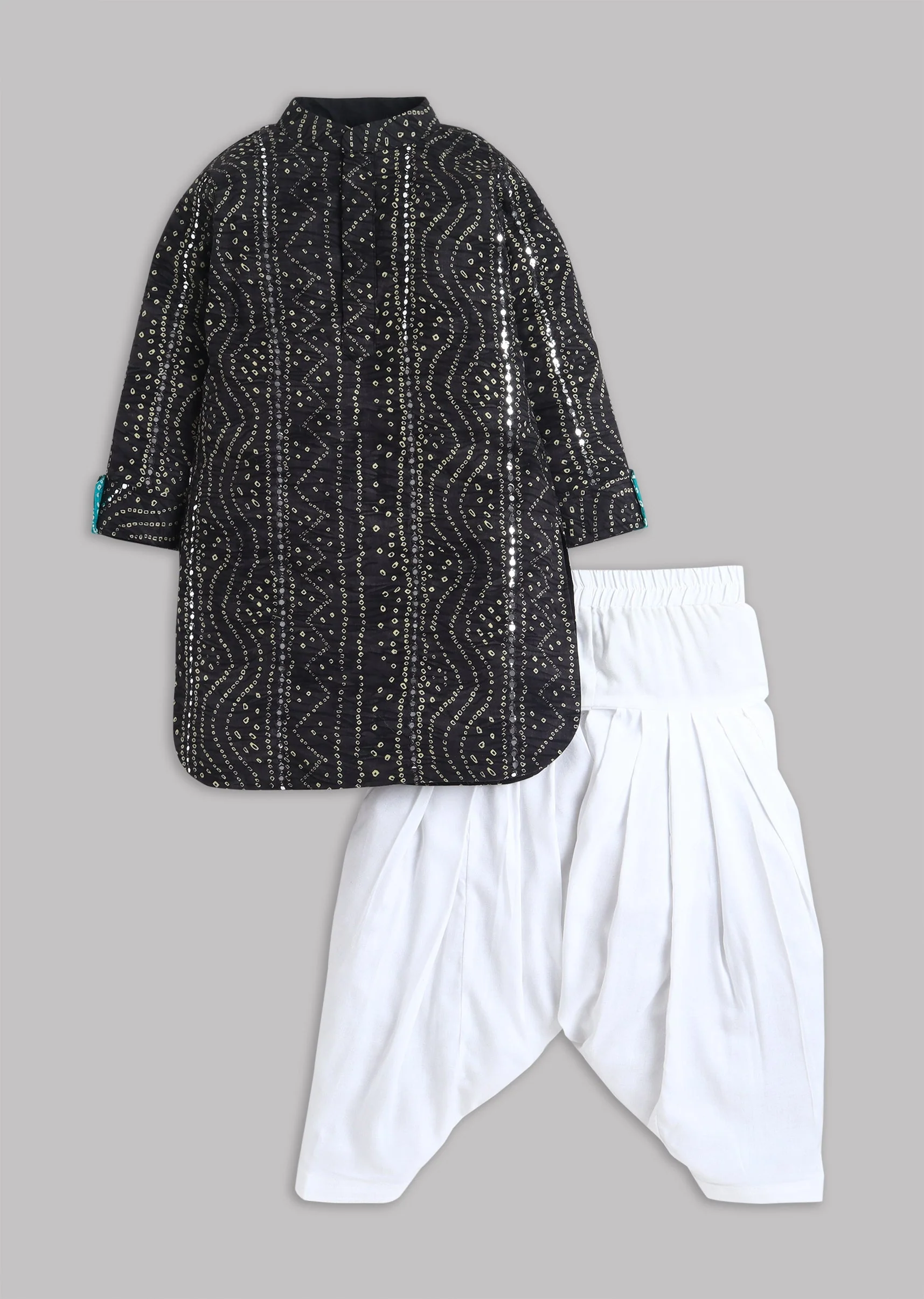 Black Bandhani Print Kurta Set With Faux Mirror