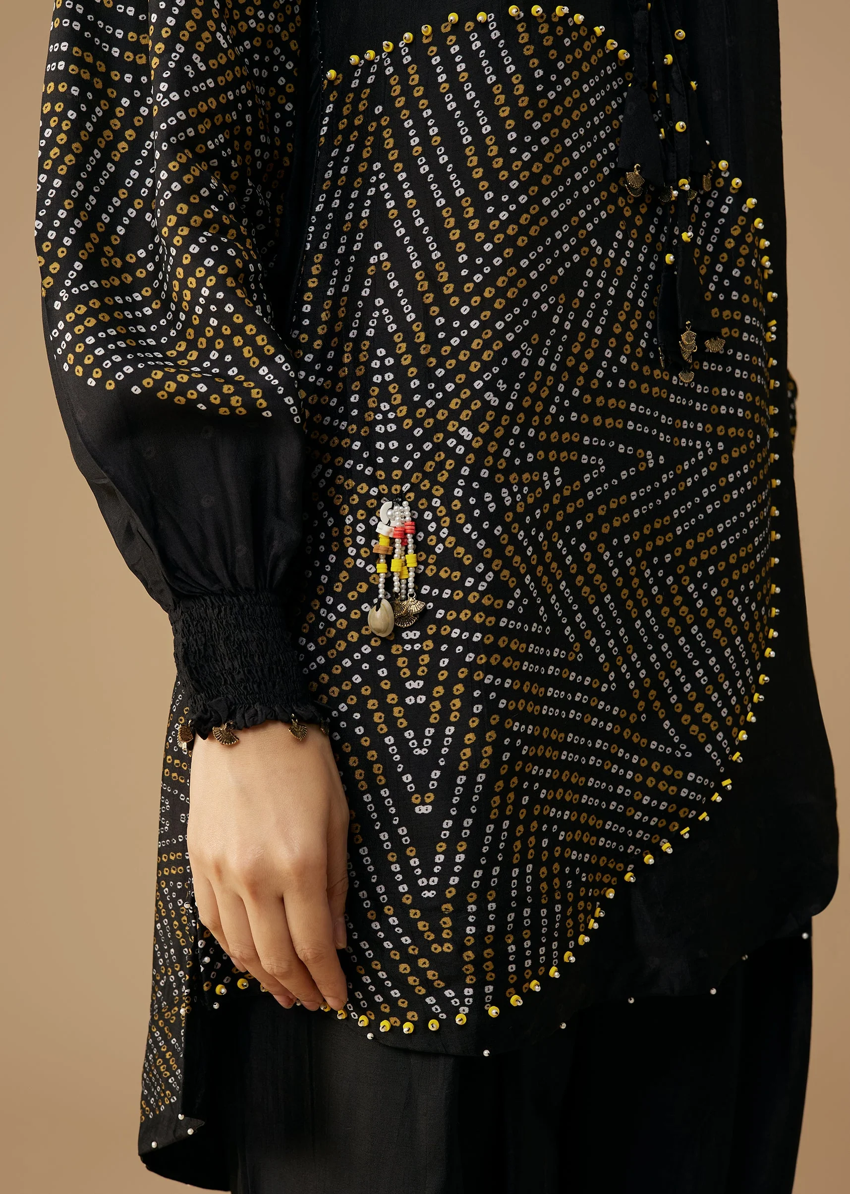 Black Bandhani Printed Silk Kurta Pant Set - Image 2
