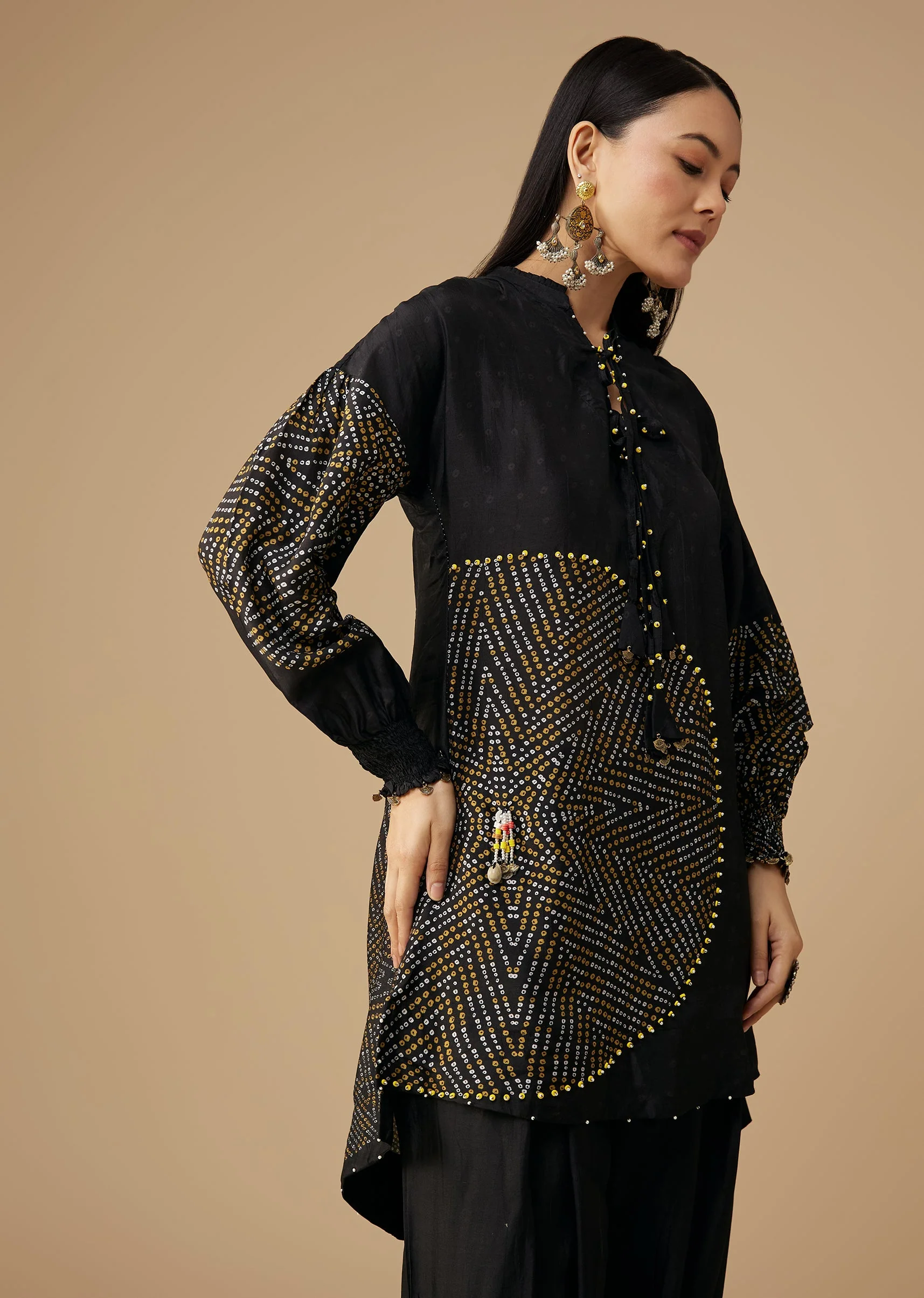 Black Bandhani Printed Silk Kurta Pant Set - Image 4