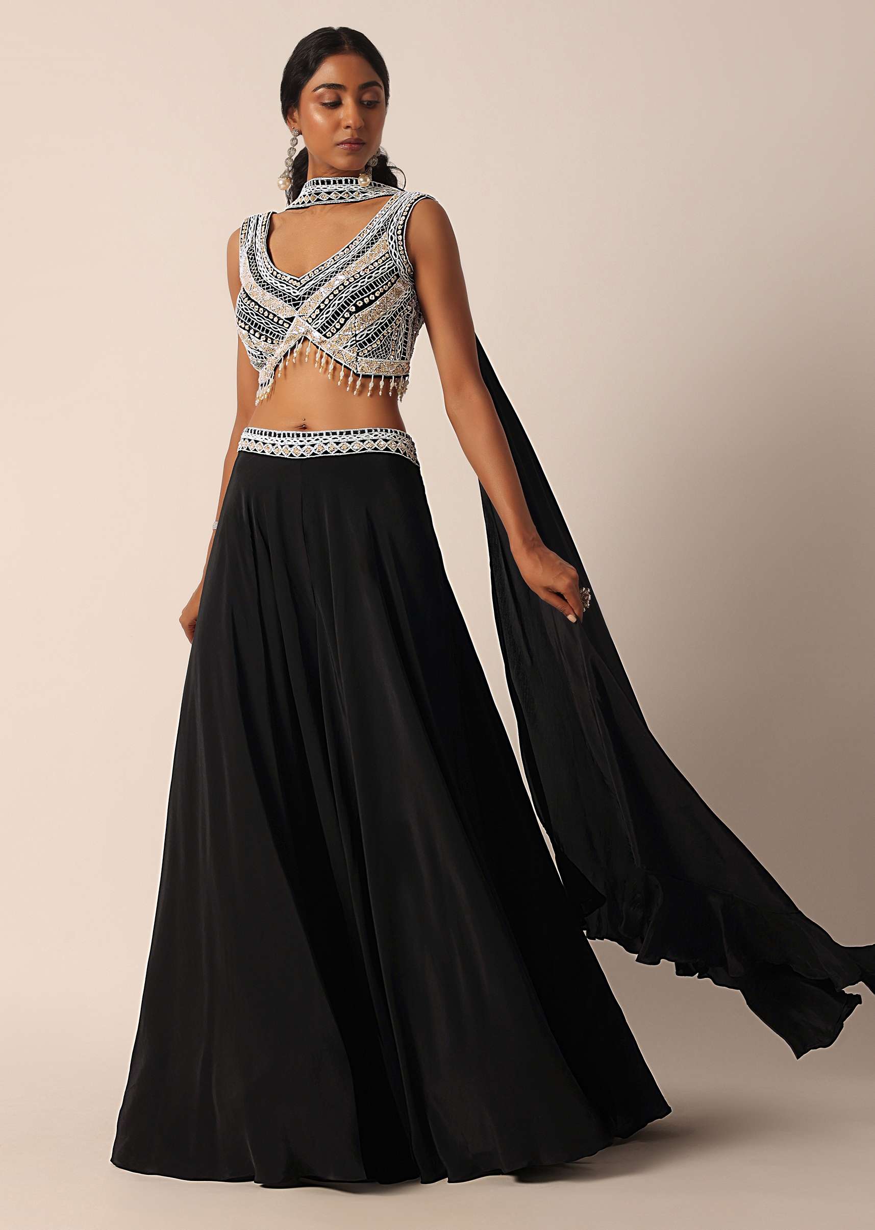 Black Bead Embellished Blouse And Palazzo Set - Image 3