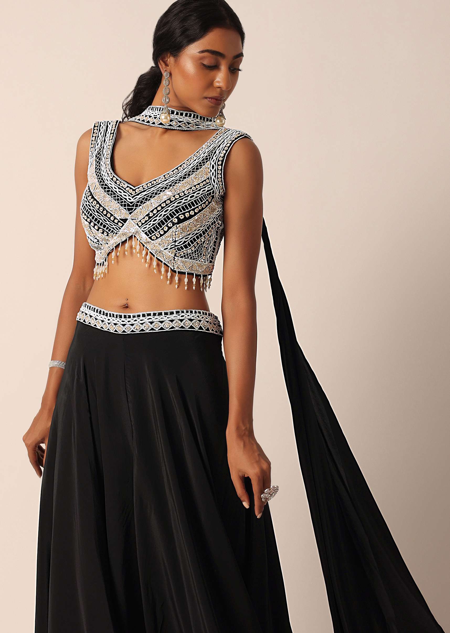 Black Bead Embellished Blouse And Palazzo Set - Image 4
