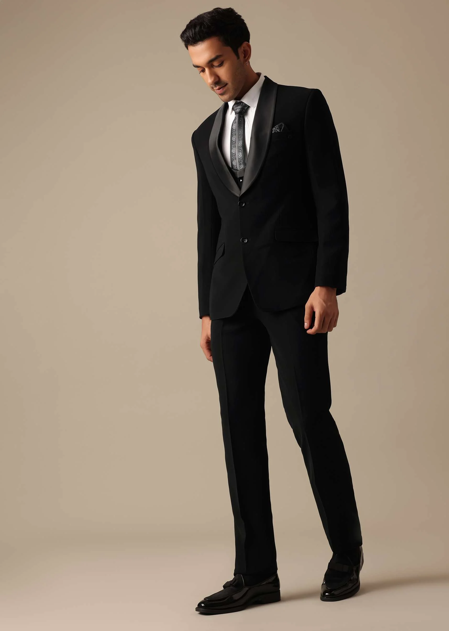 Black Blazer And Pant Set Tuxedo With Cutwork Detail - Image 11