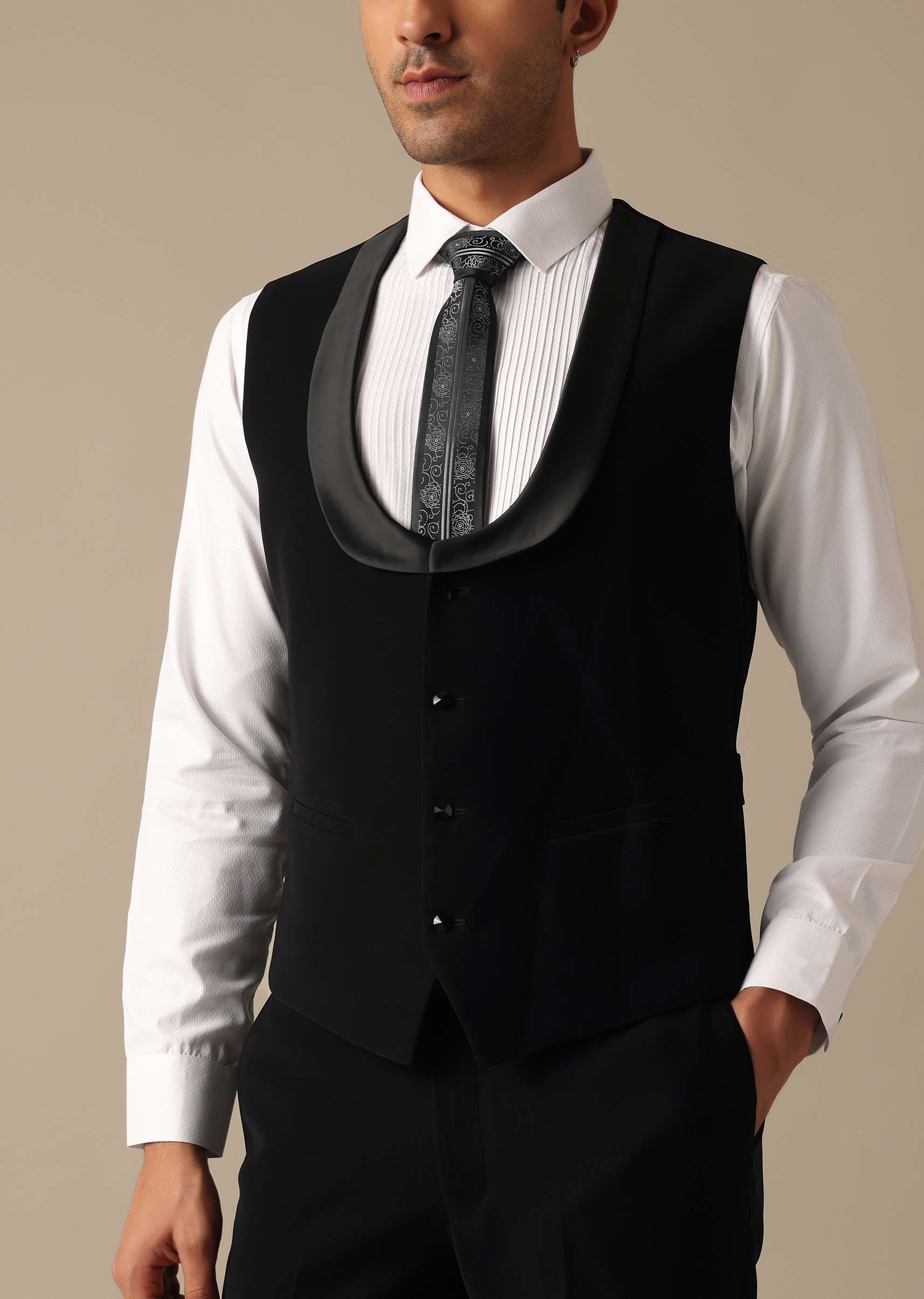 Black Blazer And Pant Set Tuxedo With Cutwork Detail - Image 12
