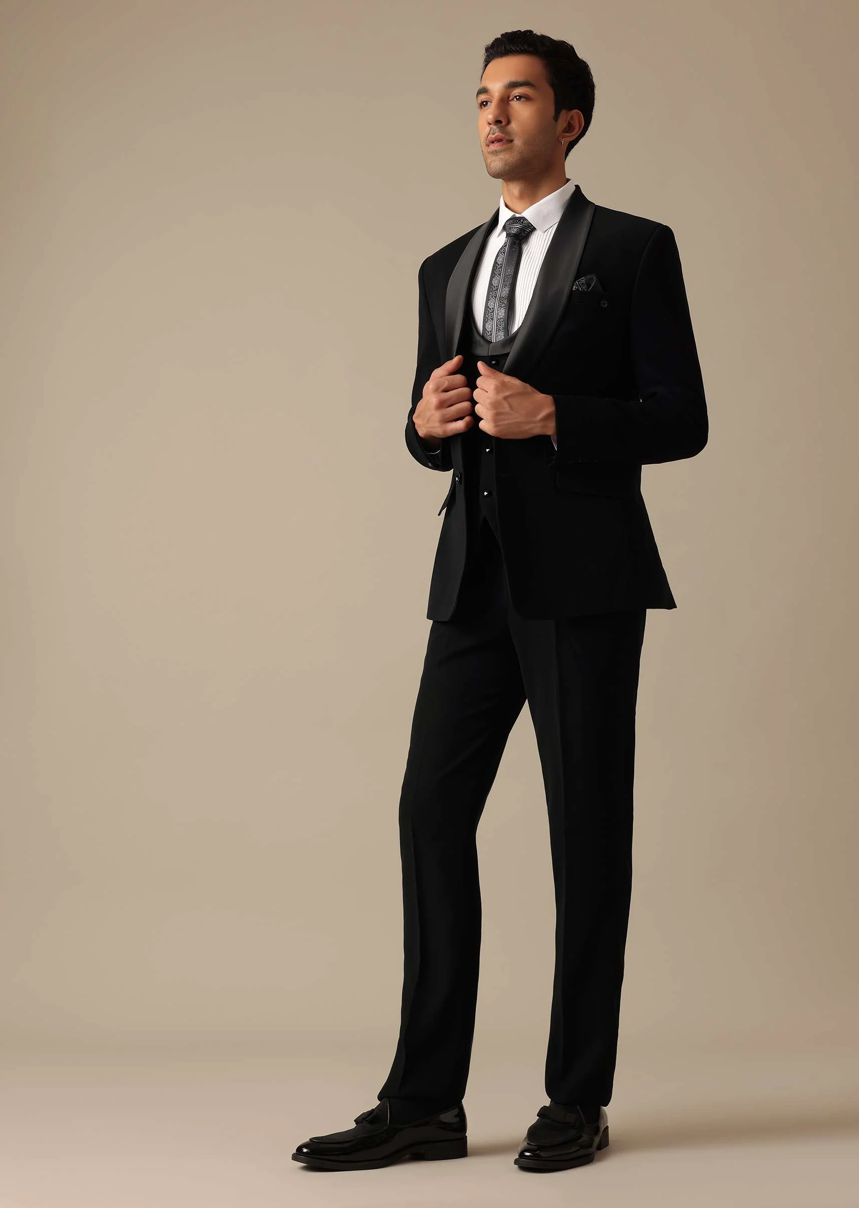 Black Blazer And Pant Set Tuxedo With Cutwork Detail - Image 9