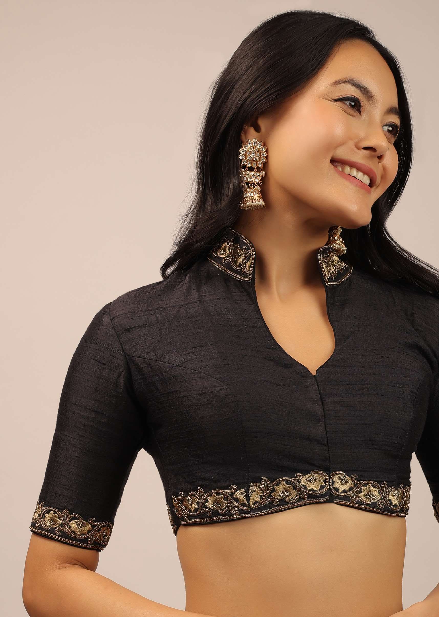 Black Blouse In Raw Silk With Resham And Cut Dana Embroidered Floral Motifs And Mandarin Collar Neckline - Image 3
