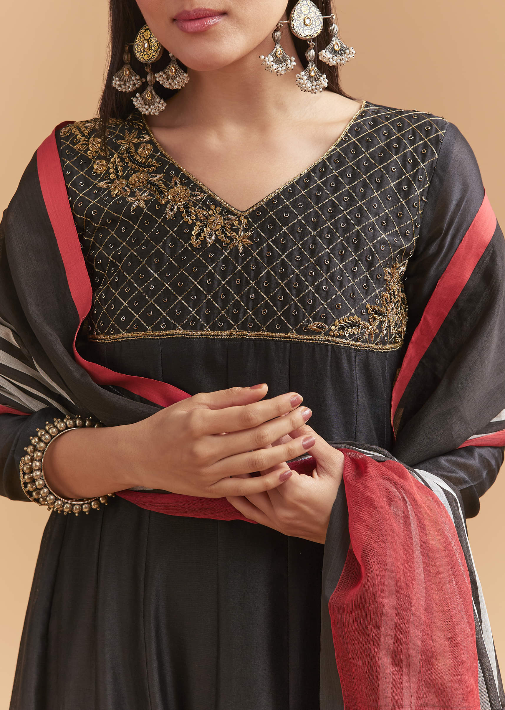 Black Chanderi Anarkali Suit With Zari And Sequins Embroidery - Image 2