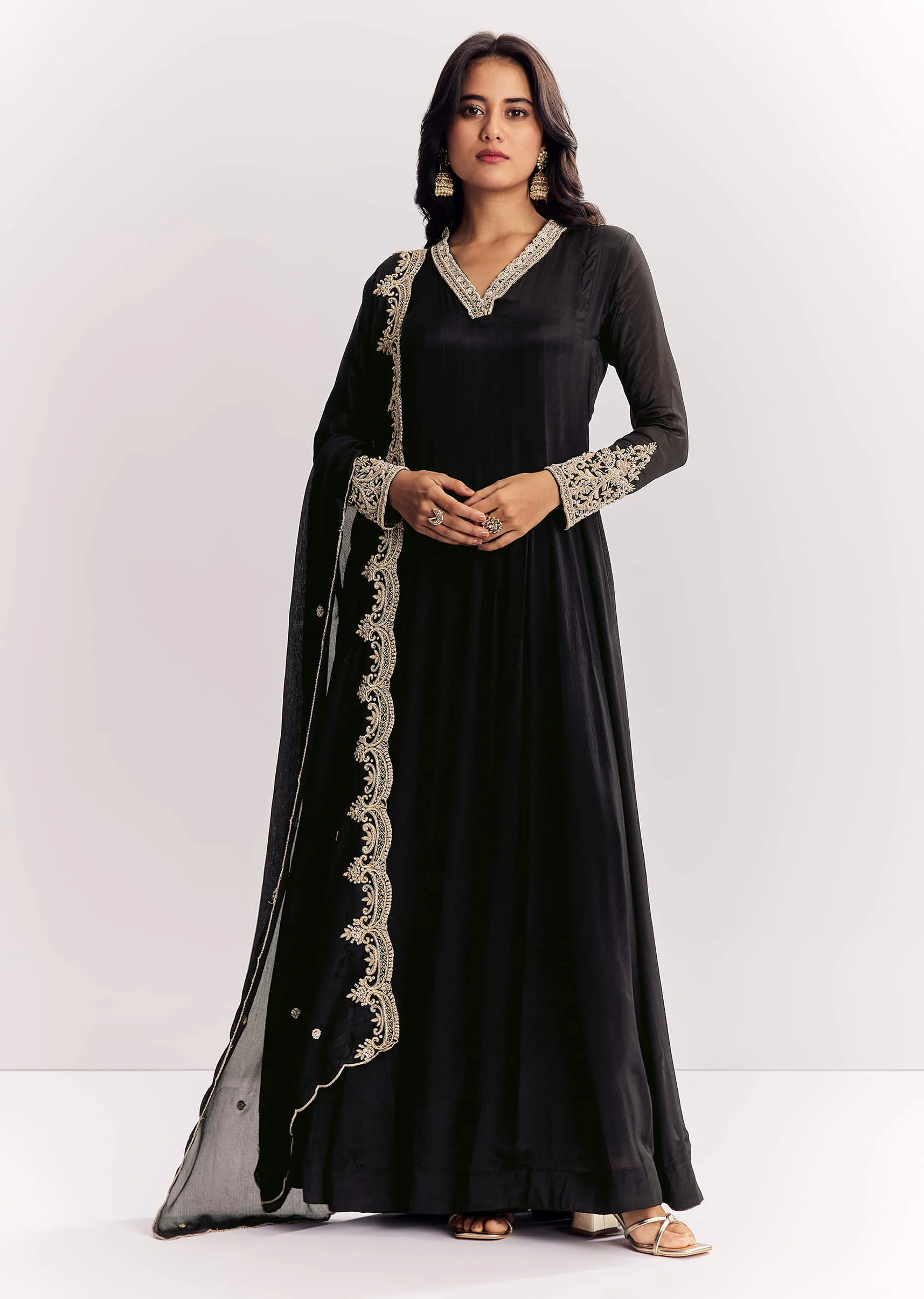 Black Chinon Anarkali Suit With Zardosi Work And Embroidered Dupatta - Image 3