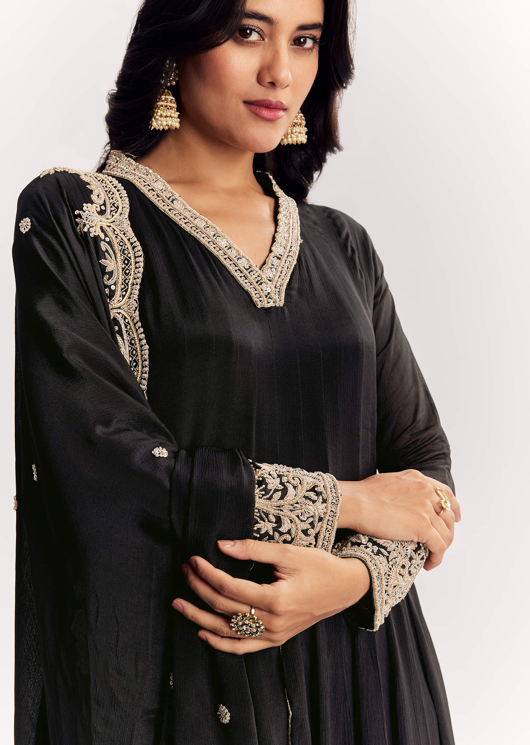 Black Chinon Anarkali Suit With Zardosi Work And Embroidered Dupatta - Image 4
