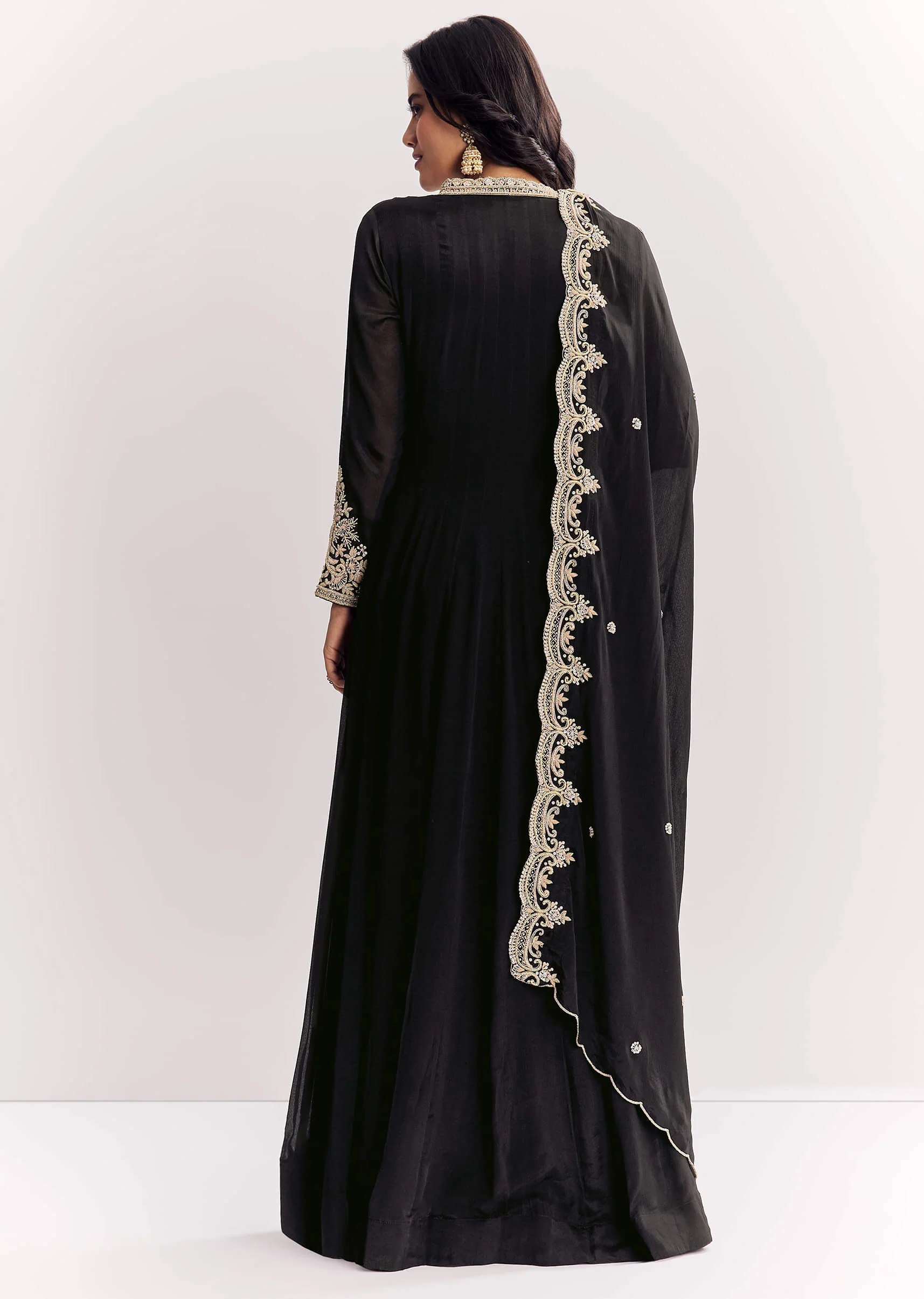 Black Chinon Anarkali Suit With Zardosi Work And Embroidered Dupatta - Image 5