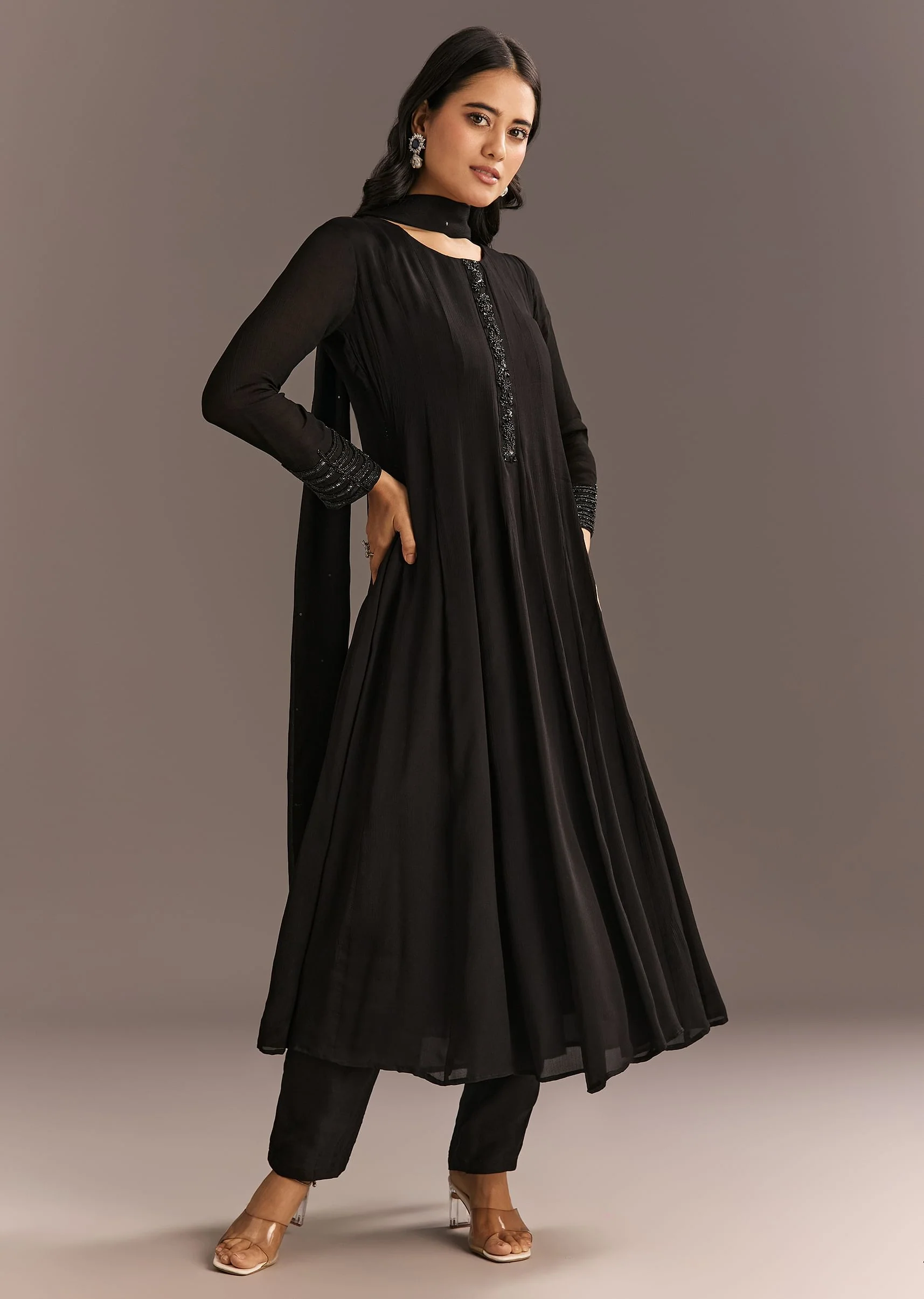 Black Chinon Beaded Sequin Anarkali Pant With Dupatta - Image 2