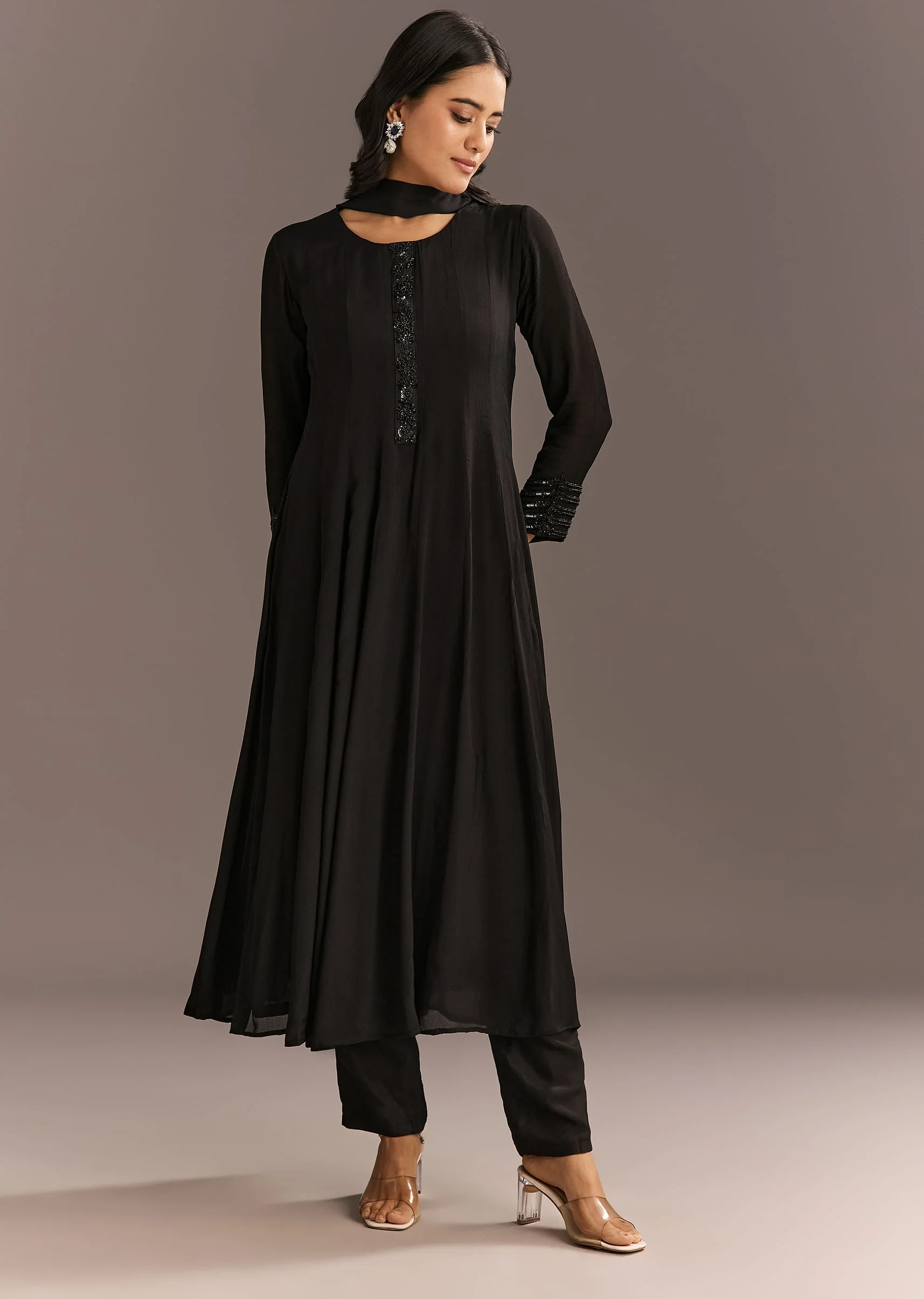 Black Chinon Beaded Sequin Anarkali Pant With Dupatta - Image 4
