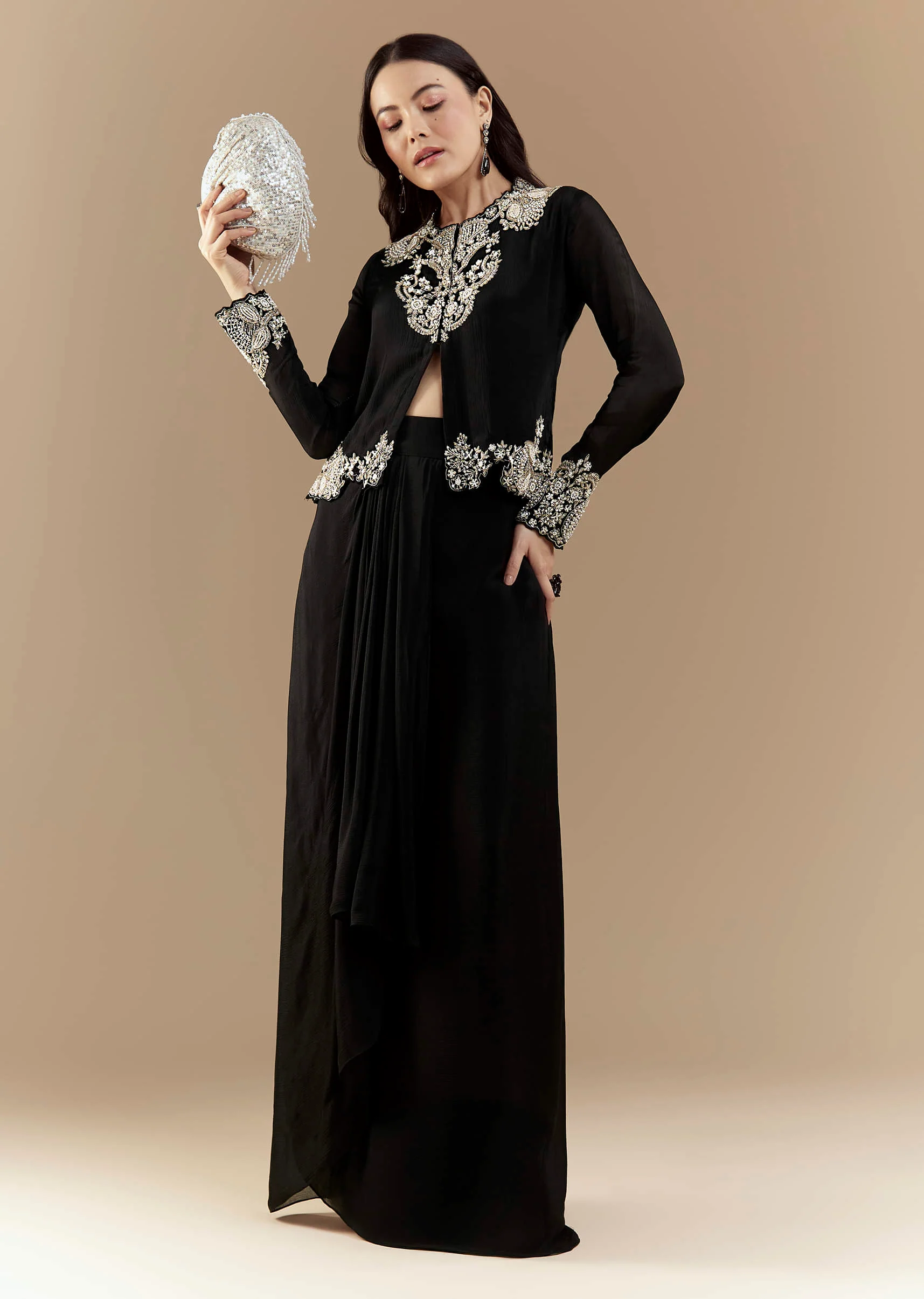 Black Chinon Crop Top and Skirt Set