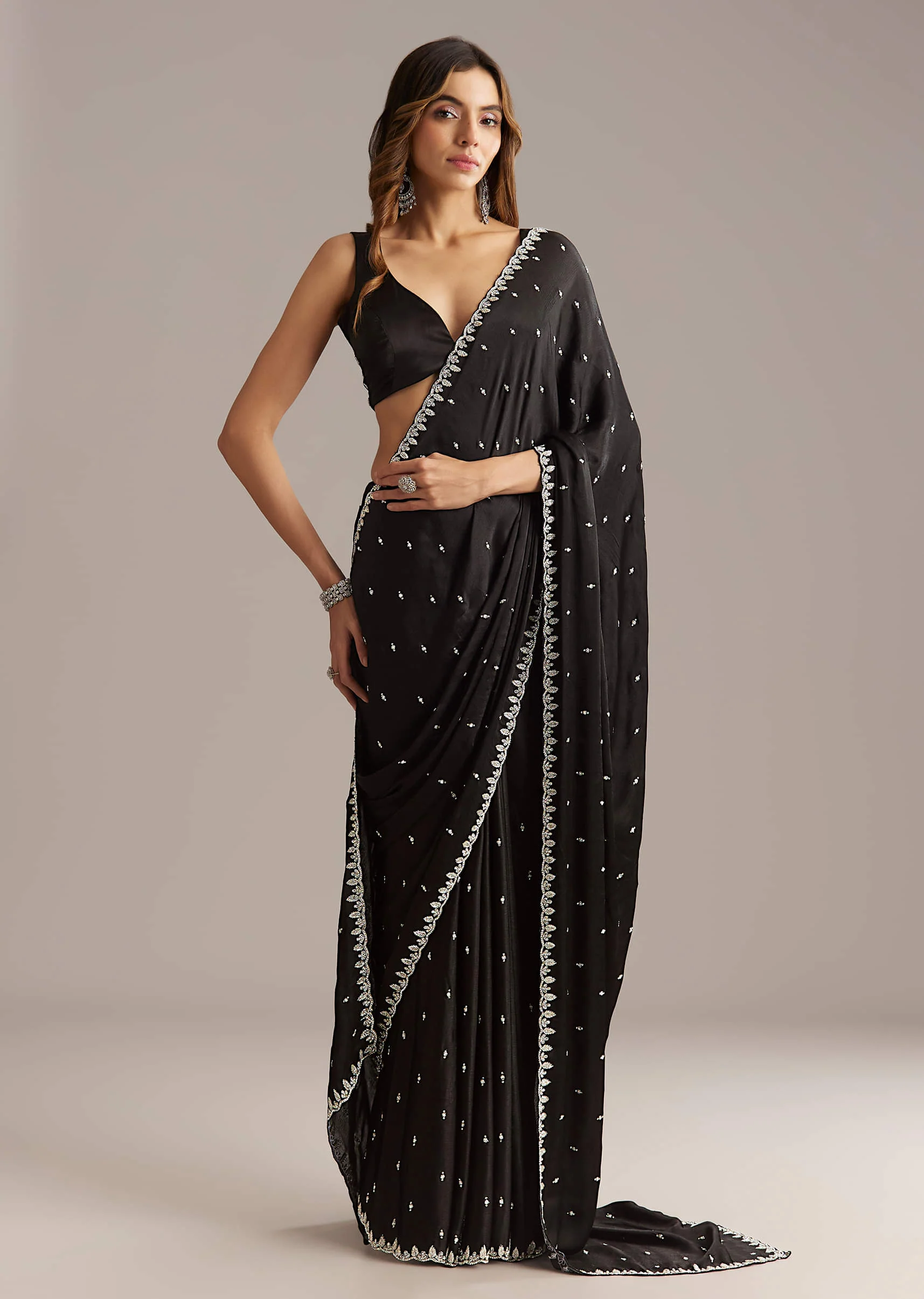 Black Chinon Saree With Stone And Cutdana Embroidery - Image 3