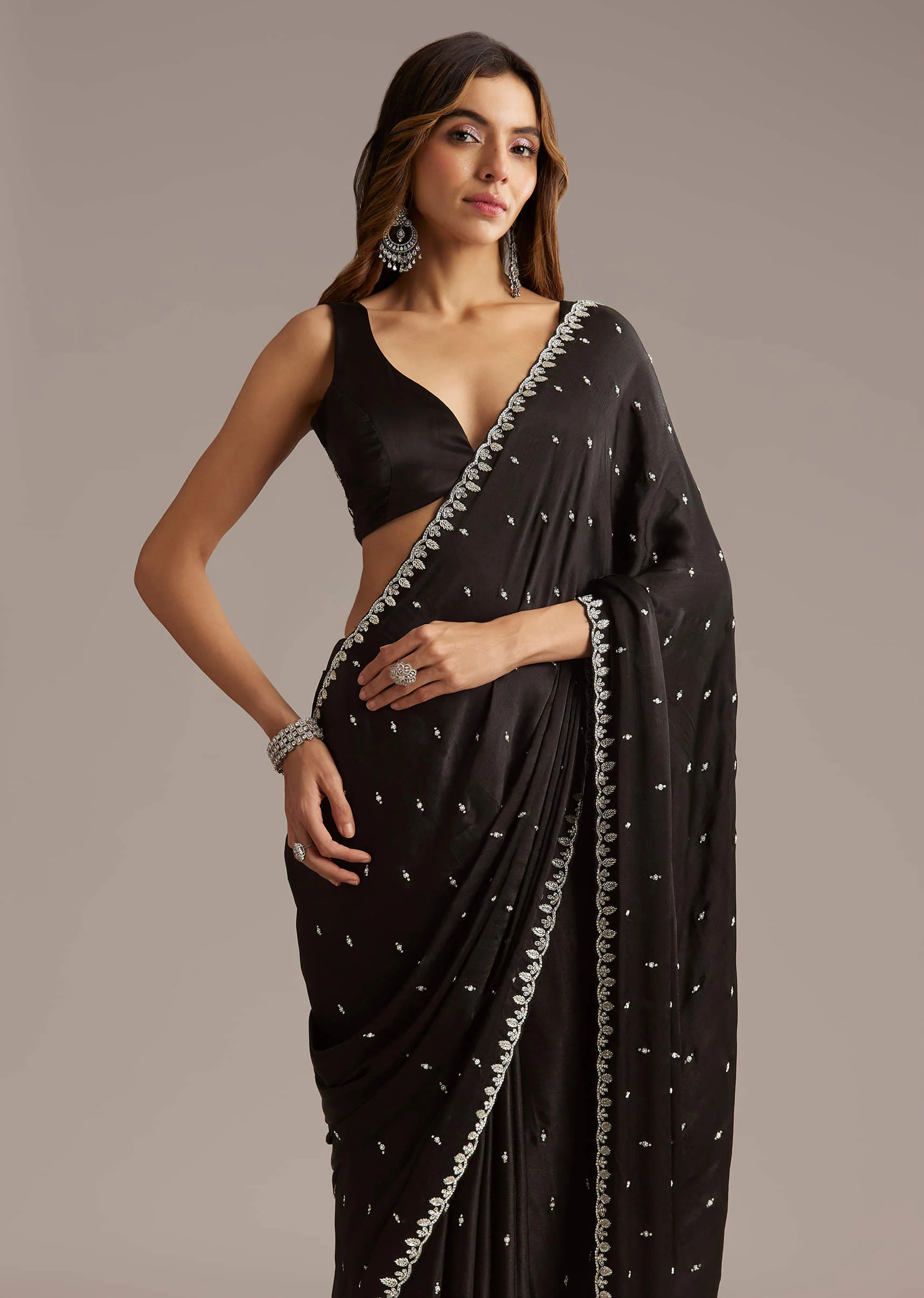 Black Chinon Saree With Stone And Cutdana Embroidery - Image 4