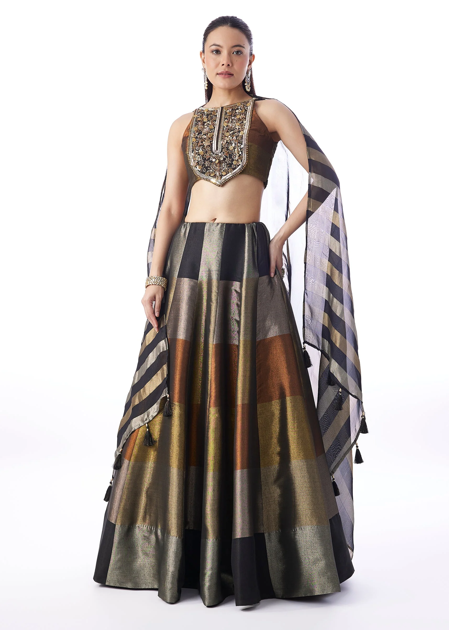 Black Colourblocked Lehenga With Sequins And Bead Work Choli - Image 7