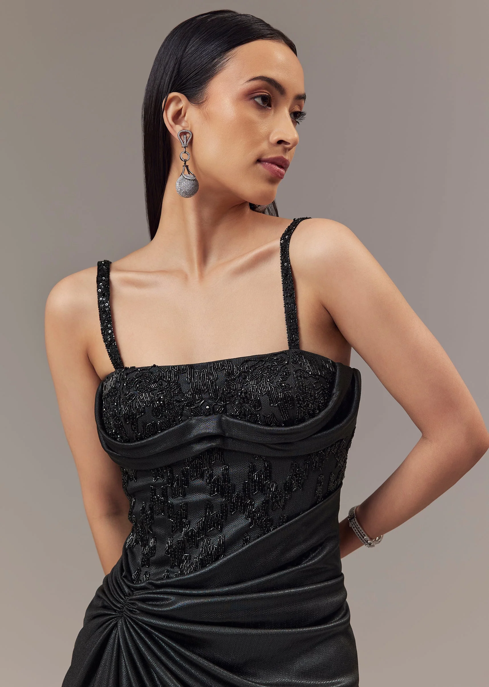 Black Contemporary Corset Gown With Pearl Bead And Sequin Embellishments - Image 3