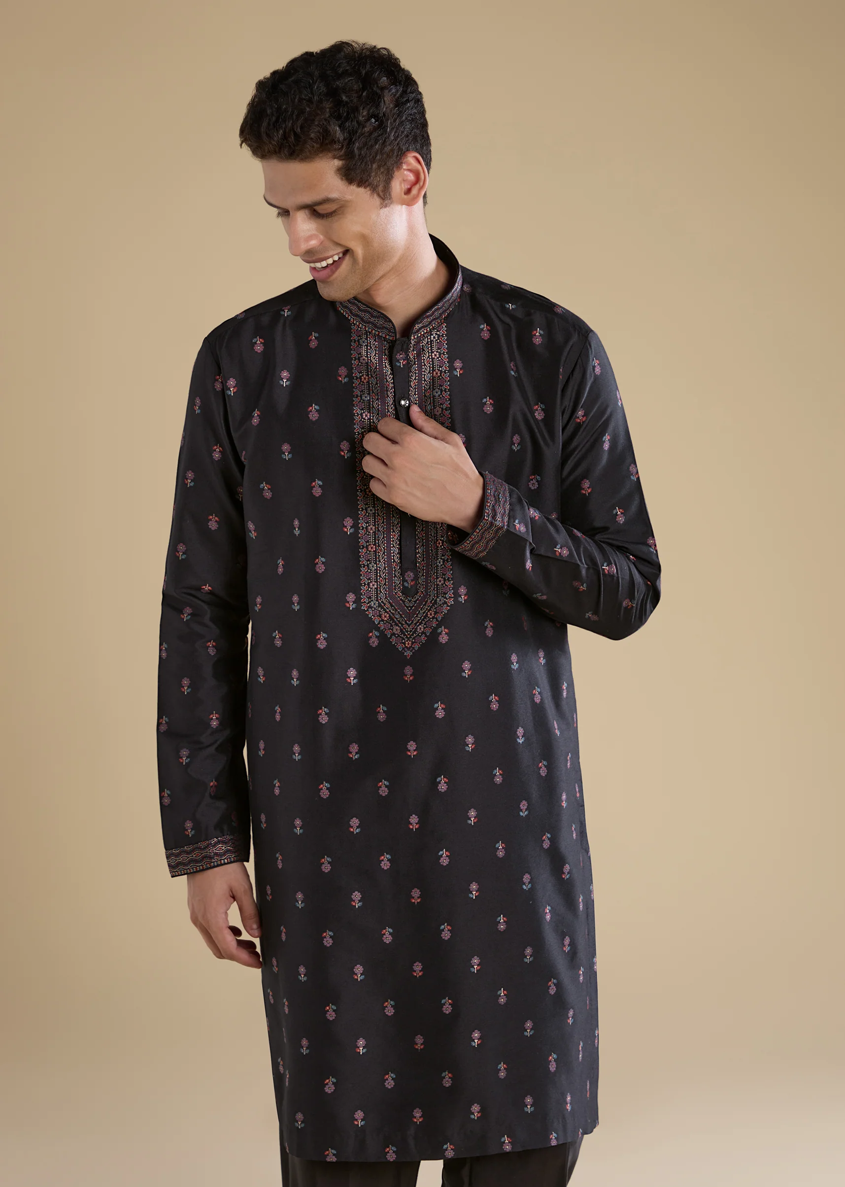 Black Contemporary Match – Stone Work Kurta Set For Her And Black Silk Kurta Set With Dupatta For Him - Image 10
