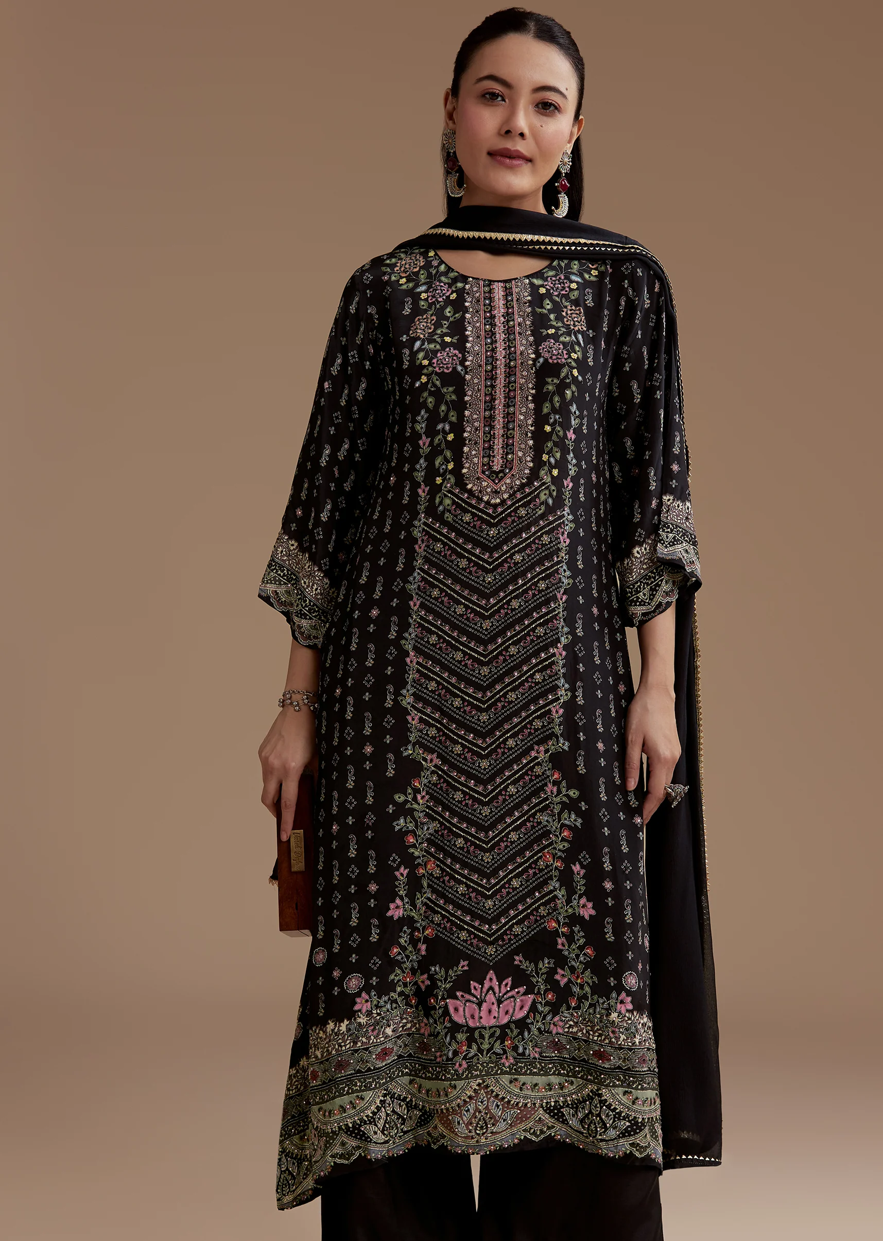 Black Contemporary Match – Stone Work Kurta Set For Her And Black Silk Kurta Set With Dupatta For Him - Image 4
