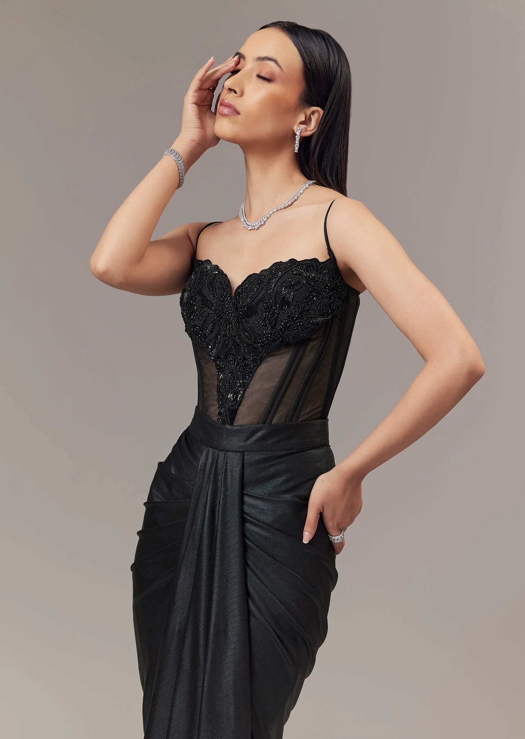 Black Contemporary Sleeveless Corset And Drape Skirt With Embroidery And Cut Dana Detail Work - Image 5